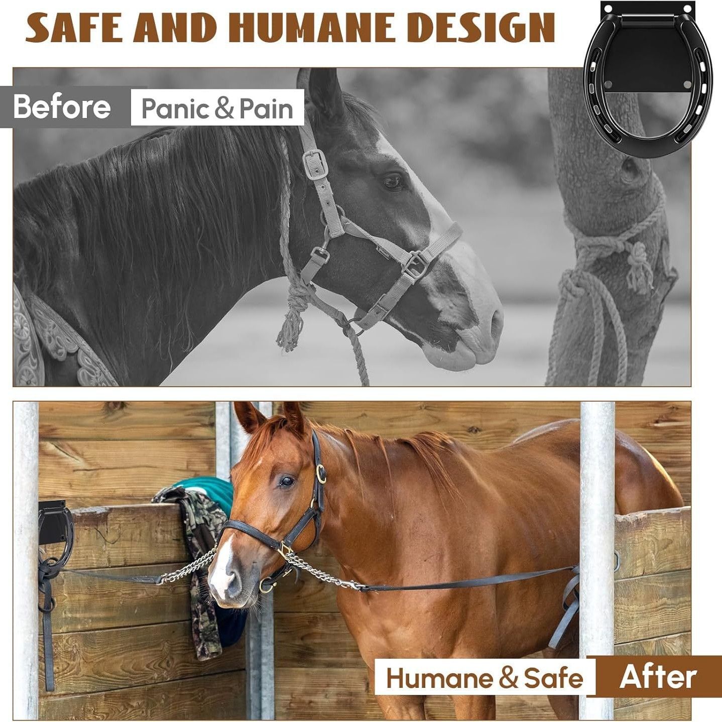 2 Set Tie Ring for Horses, Heavy-Duty Solid Steel, with Expansion Screws, 3 x 3 Inch, Horseshoe Cross Ties Down, Tack Barn Stable Supplies for Horse, Black - Image 3