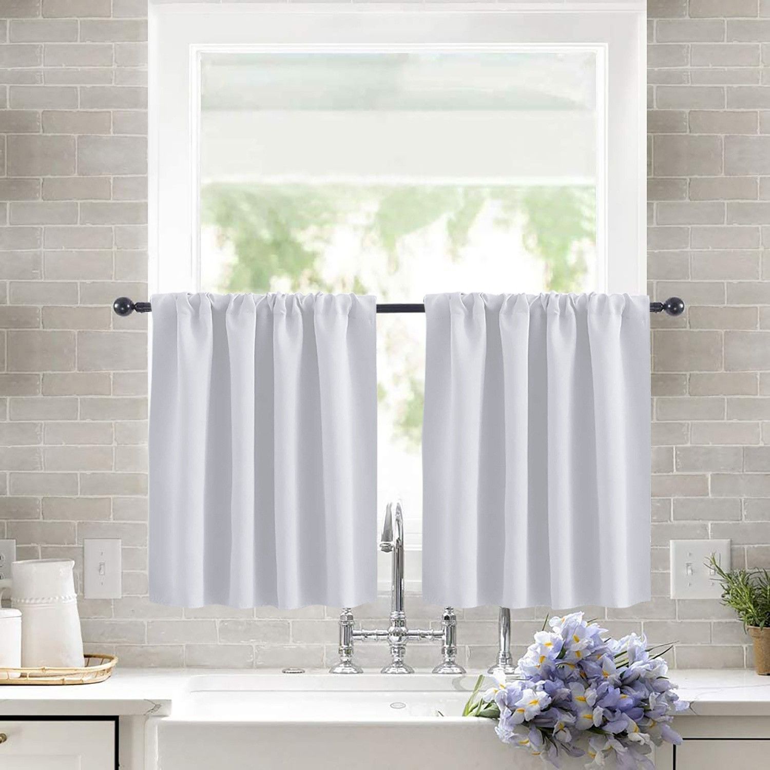Kitchen Curtains Room Darkening Curtain Tiers Small Window Draperies for Nursery/Dining Room/Bathroom, 42 inch Wide x 36 inch Long, Grayish White, 2 Panels - Image 3