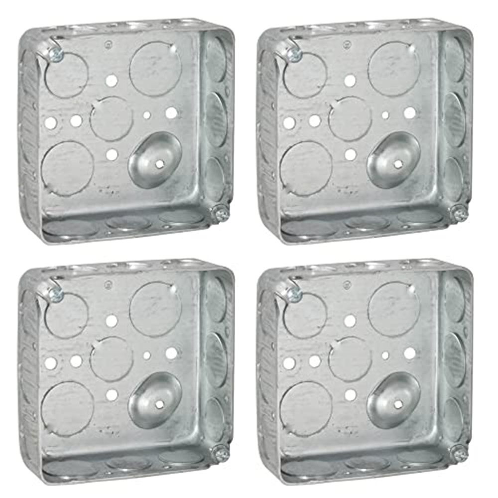 (4 Pack) 4'' Square Electrical Box, Drawn Construction, Raised Ground,Capacity, 1-1/2'' Deep, Galvanized Steel, Combination Screw Heads - Image 1
