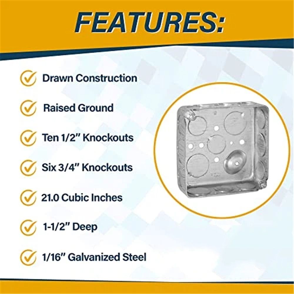 (4 Pack) 4'' Square Electrical Box, Drawn Construction, Raised Ground,Capacity, 1-1/2'' Deep, Galvanized Steel, Combination Screw Heads - Image 4