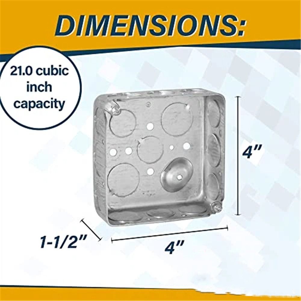 (4 Pack) 4'' Square Electrical Box, Drawn Construction, Raised Ground,Capacity, 1-1/2'' Deep, Galvanized Steel, Combination Screw Heads - Image 5