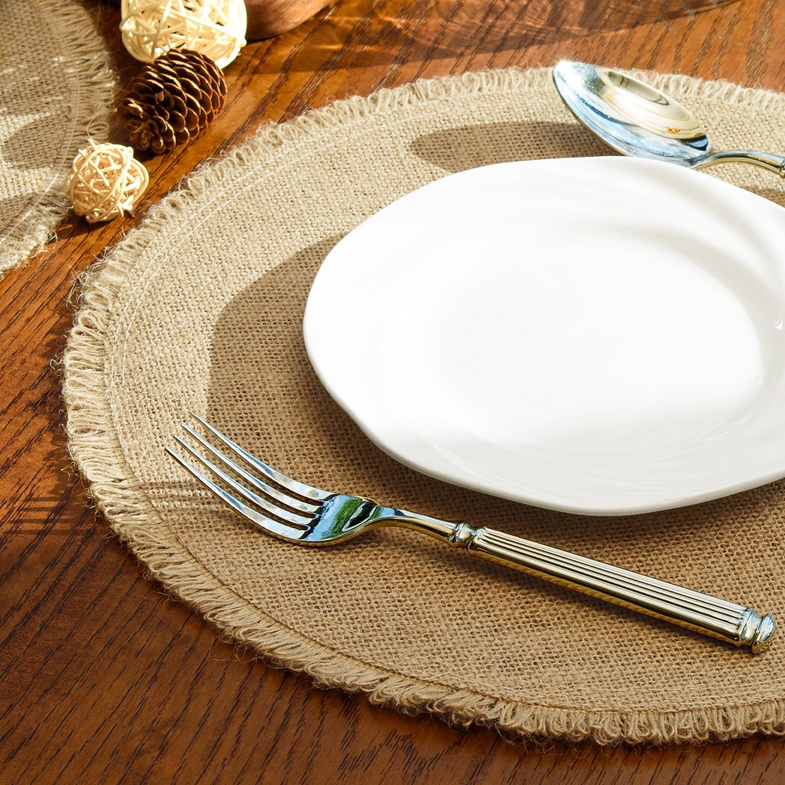 Round  Placemats Set of 12 Jute Rustic Place Mats for Dining Tables Heat Resistant Natural Farmhouse Table Mats Decor for Thanksgiving (Tassel) - Image 2