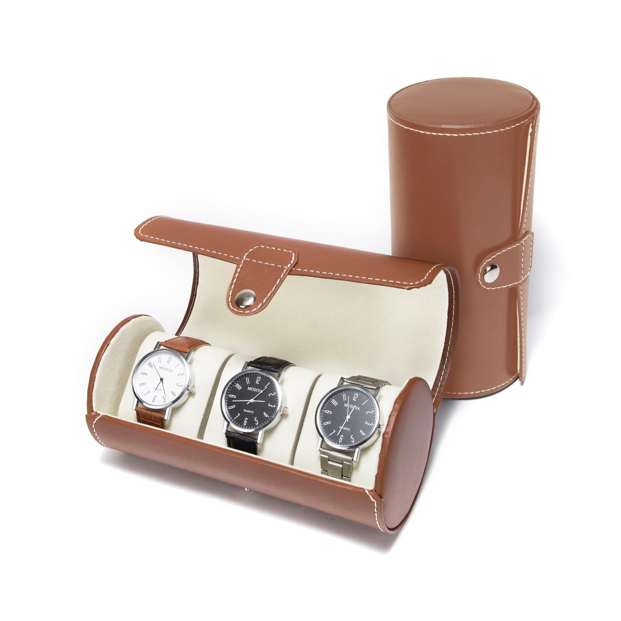 Watch Box for Men, 3 Grids Cylinder Roll Holder Wristwatch Jewelry Gift Storage Display Case (Brown) - Image 1
