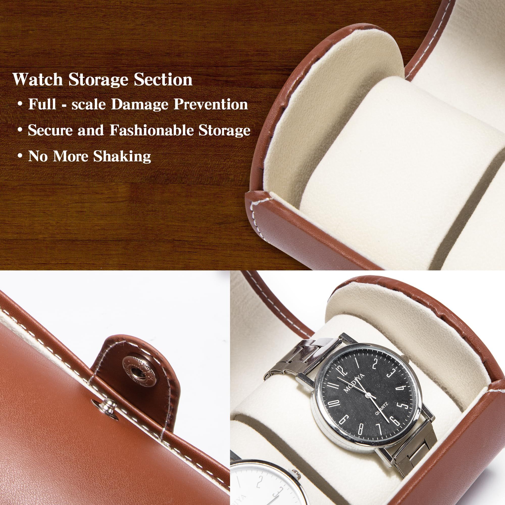 Watch Box for Men, 3 Grids Cylinder Roll Holder Wristwatch Jewelry Gift Storage Display Case (Brown) - Image 3