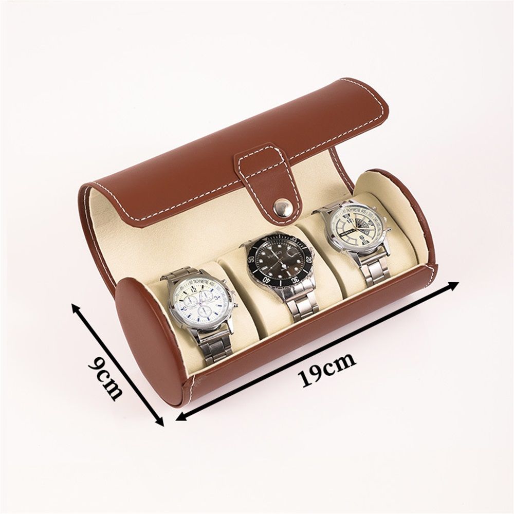 Watch Box for Men, 3 Grids Cylinder Roll Holder Wristwatch Jewelry Gift Storage Display Case (Brown) - Image 5