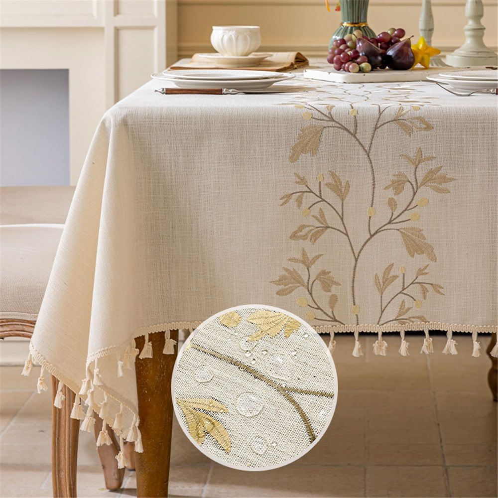 Cotton Linen Waterproof Tablecloth for Dining Table Farmhouse Kitchen Rectangle Table Cloth Coffee Wrinkle Free Tables Cover, Beige, Coffee Flower, 100*140cm - Image 2
