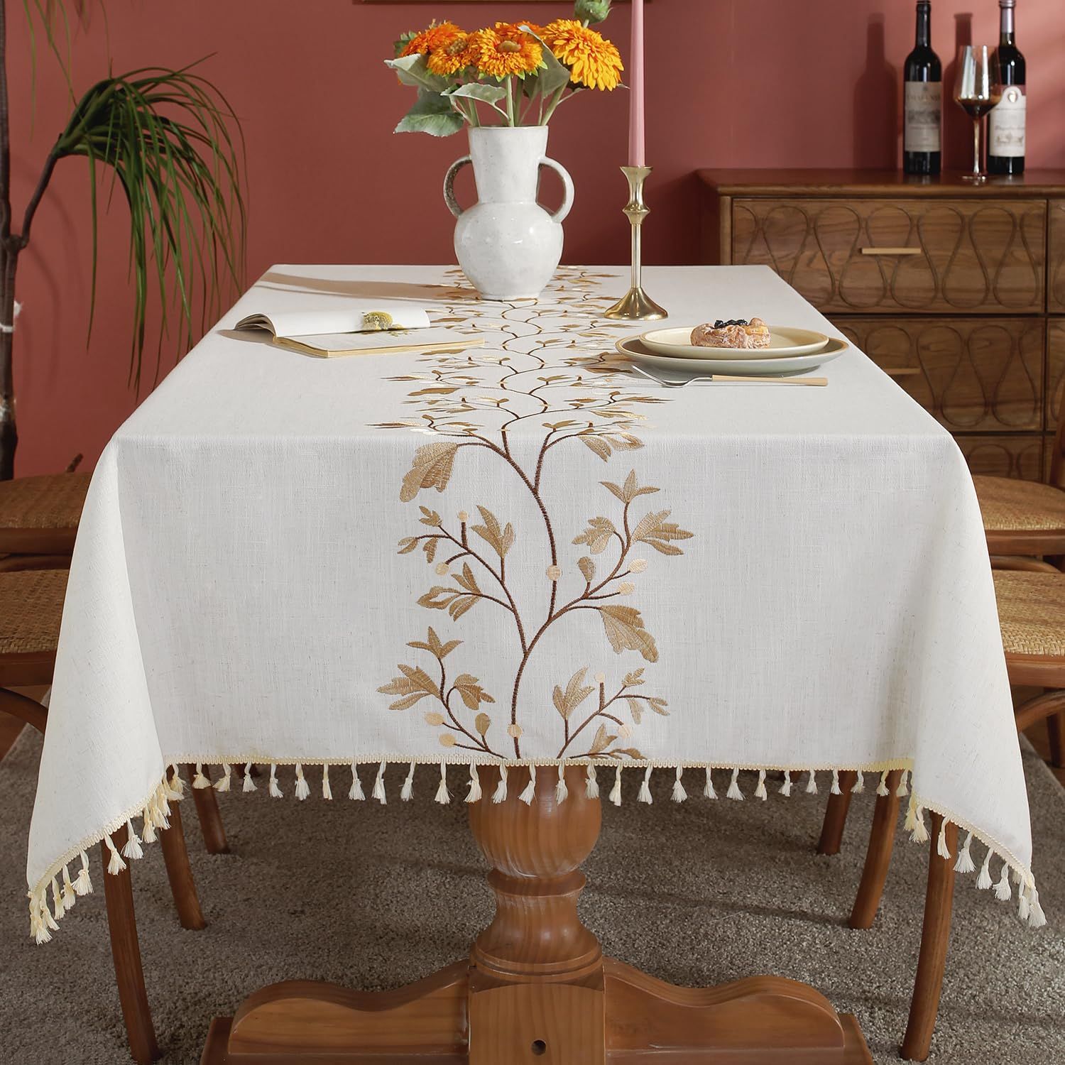 Cotton Linen Waterproof Tablecloth for Dining Table Farmhouse Kitchen Rectangle Table Cloth Coffee Wrinkle Free Tables Cover, Beige, Coffee Flower, 100*140cm - Image 4