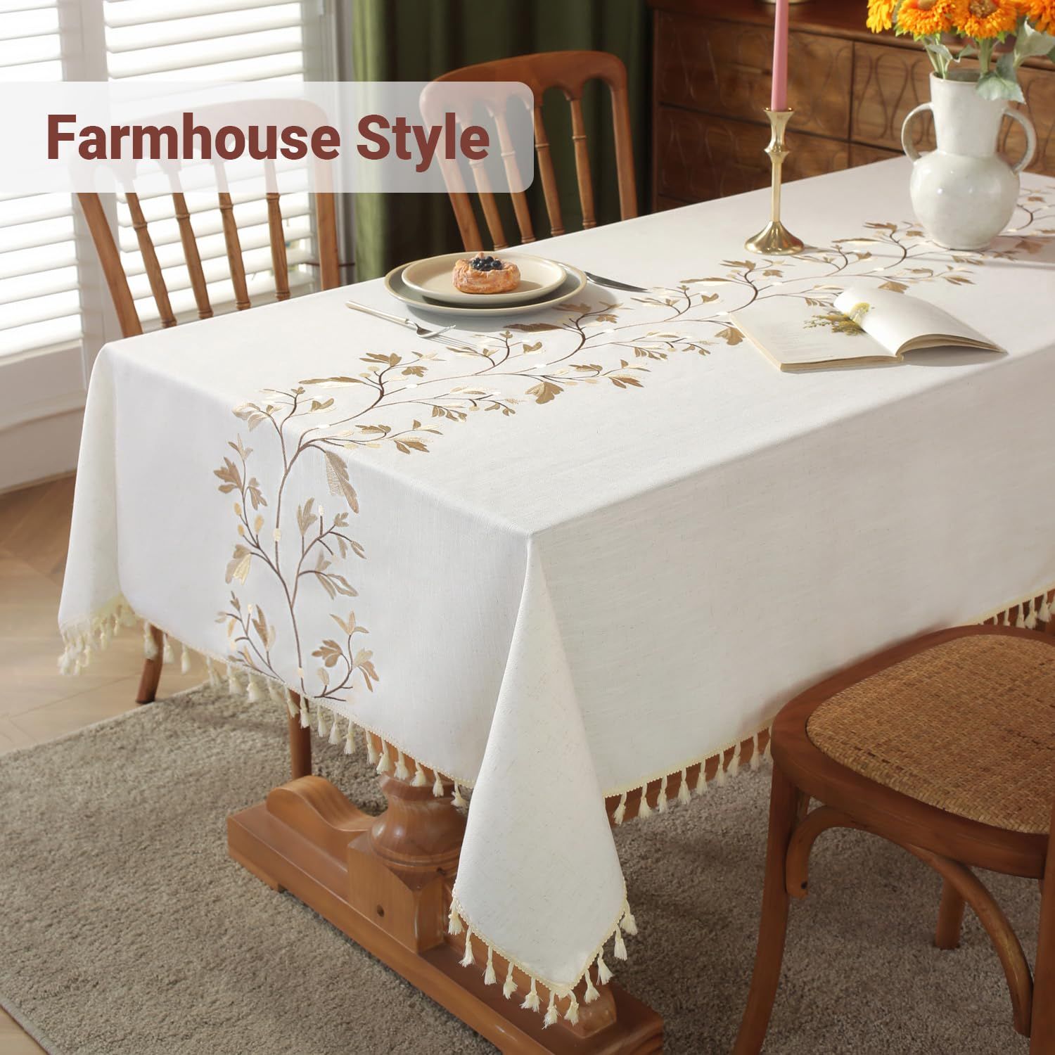 Cotton Linen Waterproof Tablecloth for Dining Table Farmhouse Kitchen Rectangle Table Cloth Coffee Wrinkle Free Tables Cover, Beige, Coffee Flower, 100*140cm - Image 5