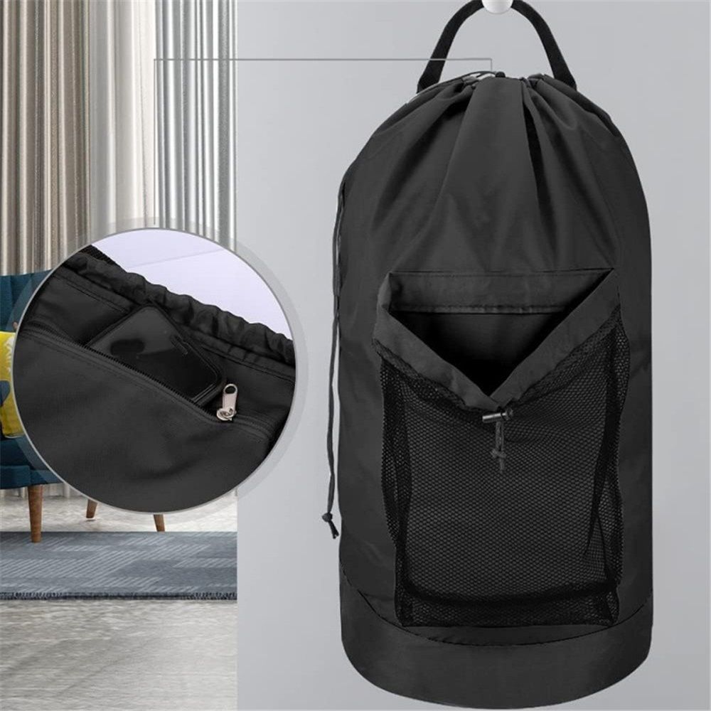 Backpack Laundry Bag, Laundry Backpack with Shoulder Straps and Mesh Pocket Durable Nylon Clothes Hamper Bag with Drawstring Closure for College,  (Black) - Image 2