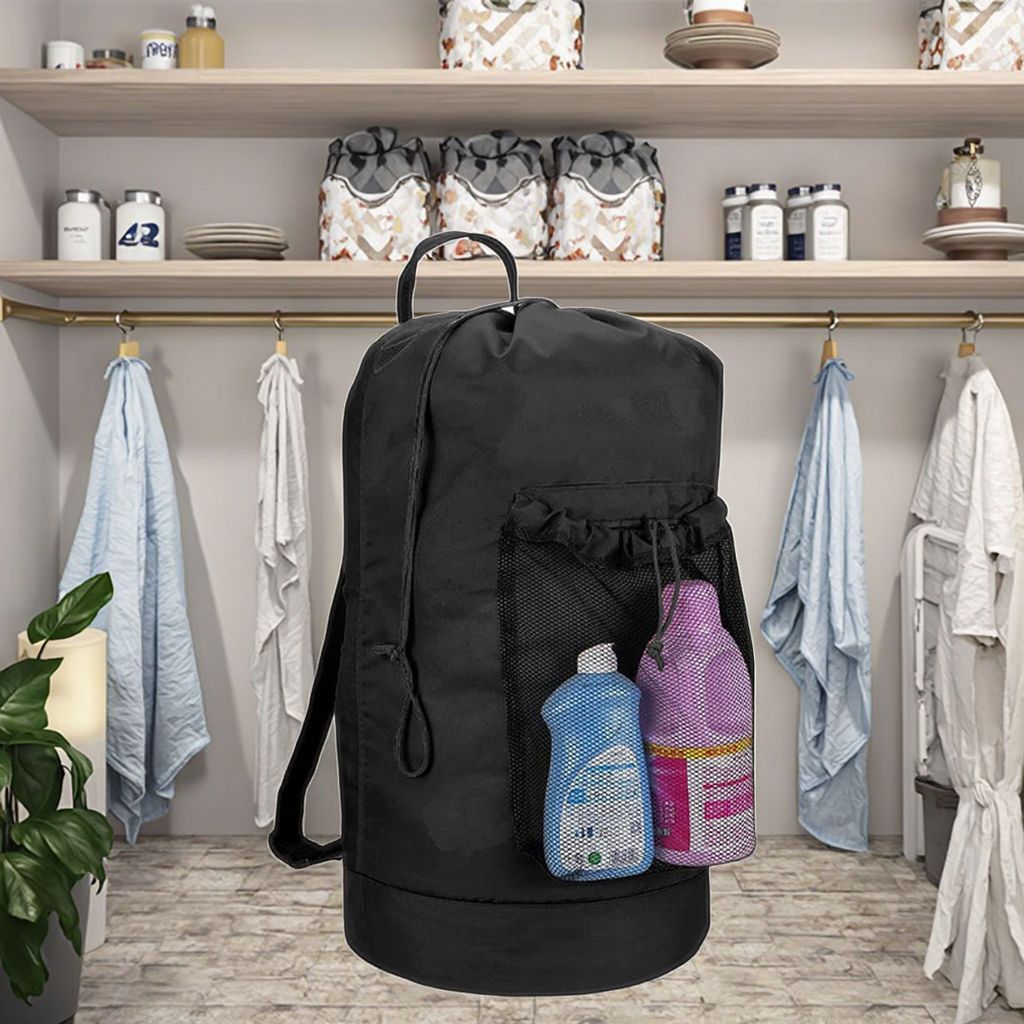 Backpack Laundry Bag, Laundry Backpack with Shoulder Straps and Mesh Pocket Durable Nylon Clothes Hamper Bag with Drawstring Closure for College,  (Black) - Image 4