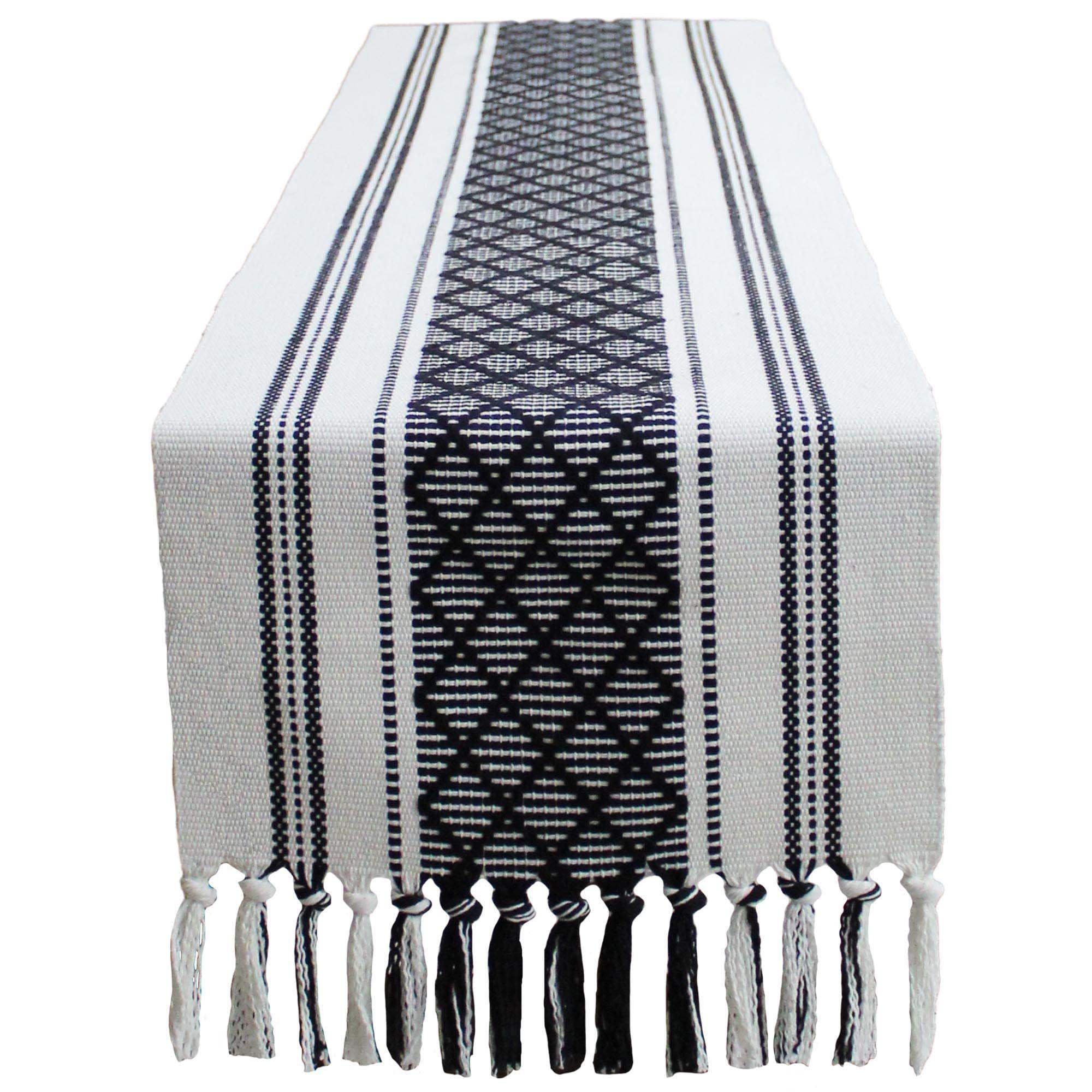 Boho Woven Table Runners Farmhouse Style with Tassels - Elegant Striped Table Decor for Dining Room, Wedding, Holiday, Party (Classic Black, 34*120cm) - Image 1