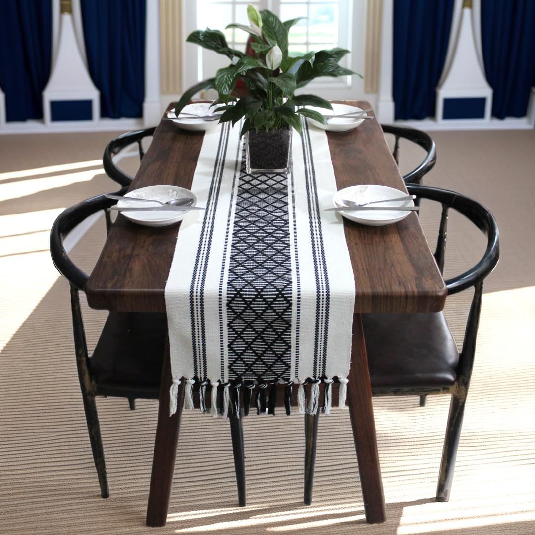 Boho Woven Table Runners Farmhouse Style with Tassels - Elegant Striped Table Decor for Dining Room, Wedding, Holiday, Party (Classic Black, 34*120cm) - Image 2