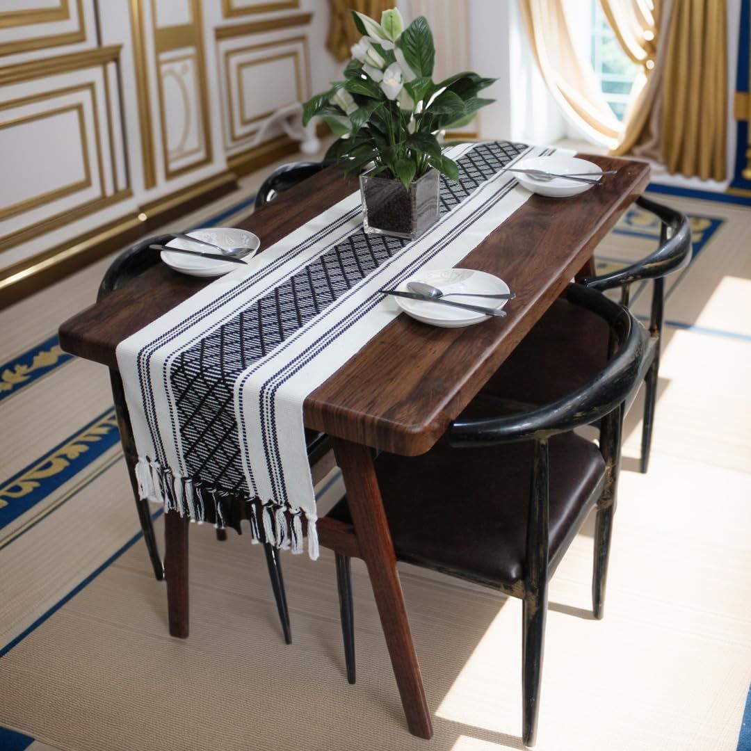 Boho Woven Table Runners Farmhouse Style with Tassels - Elegant Striped Table Decor for Dining Room, Wedding, Holiday, Party (Classic Black, 34*120cm) - Image 3