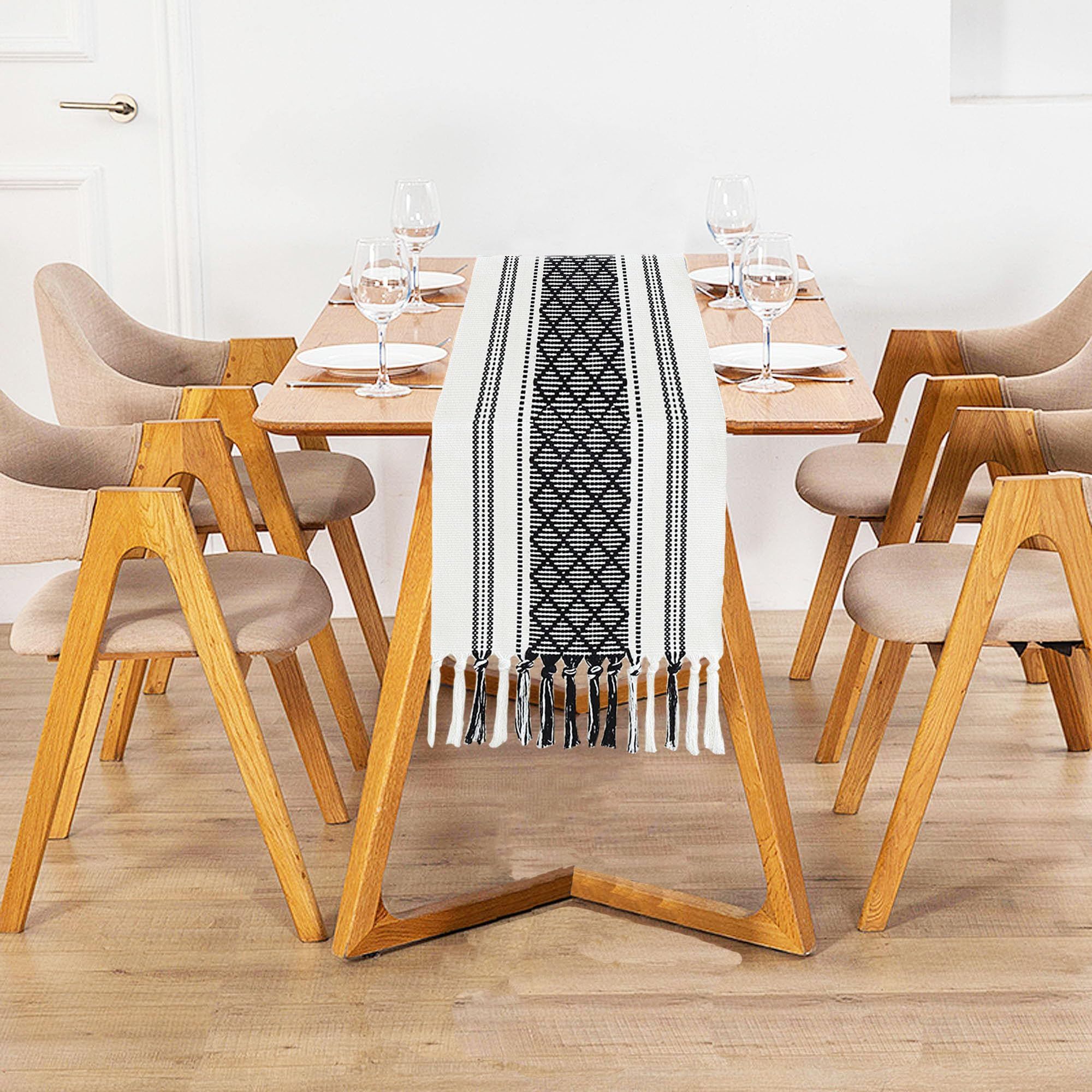 Boho Woven Table Runners Farmhouse Style with Tassels - Elegant Striped Table Decor for Dining Room, Wedding, Holiday, Party (Classic Black, 34*120cm) - Image 4
