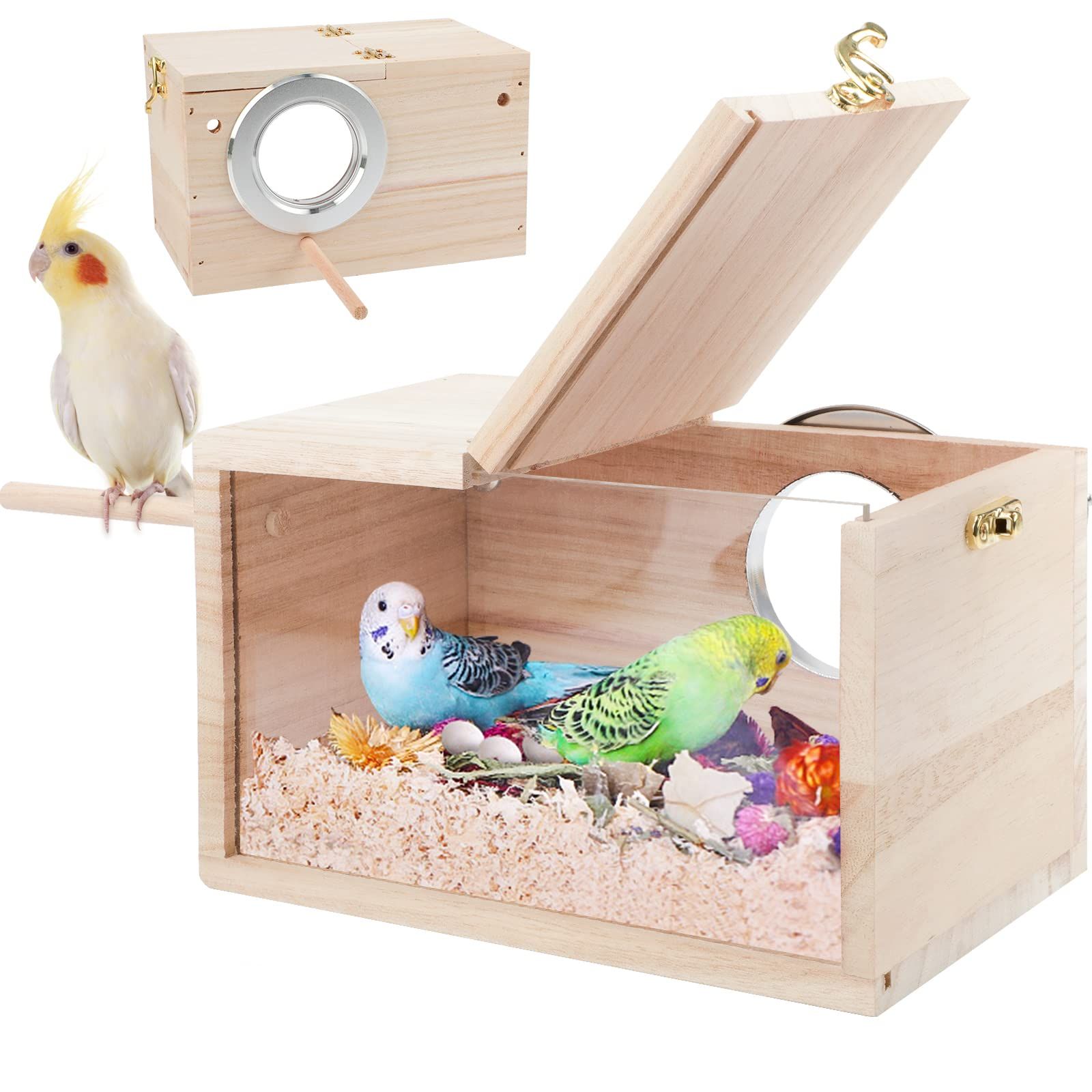 Parakeet Nesting Box Transparent Design,  Bird Nest Breeding Box with  Wood Bird Cage House for Cockatiel Lovebirds  Finch Parrotlets Canary （12*12*19.5） - Image 1