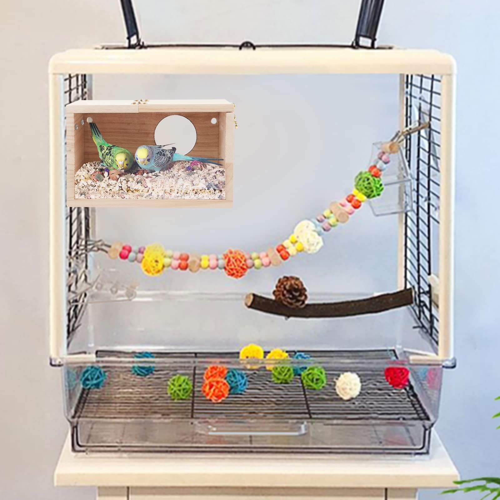 Parakeet Nesting Box Transparent Design,  Bird Nest Breeding Box with  Wood Bird Cage House for Cockatiel Lovebirds  Finch Parrotlets Canary （12*12*19.5） - Image 3