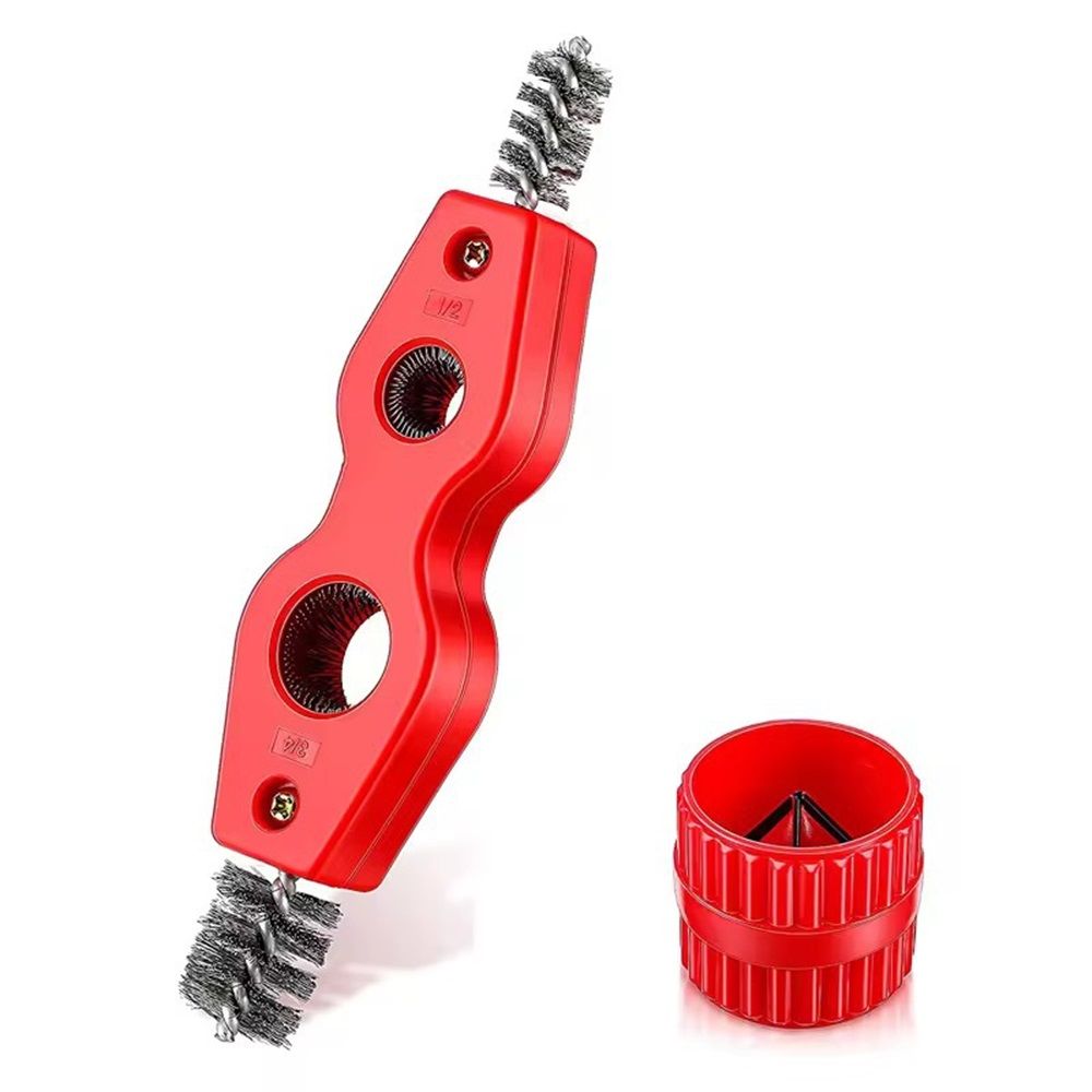 2 set 4 in 1 Copper Pipe Cleaner and Reamer Set, Tubing Brush Inside and Outside Wire Brush for Soldering, Brazing, Pipe Deburring - Red - Image 1