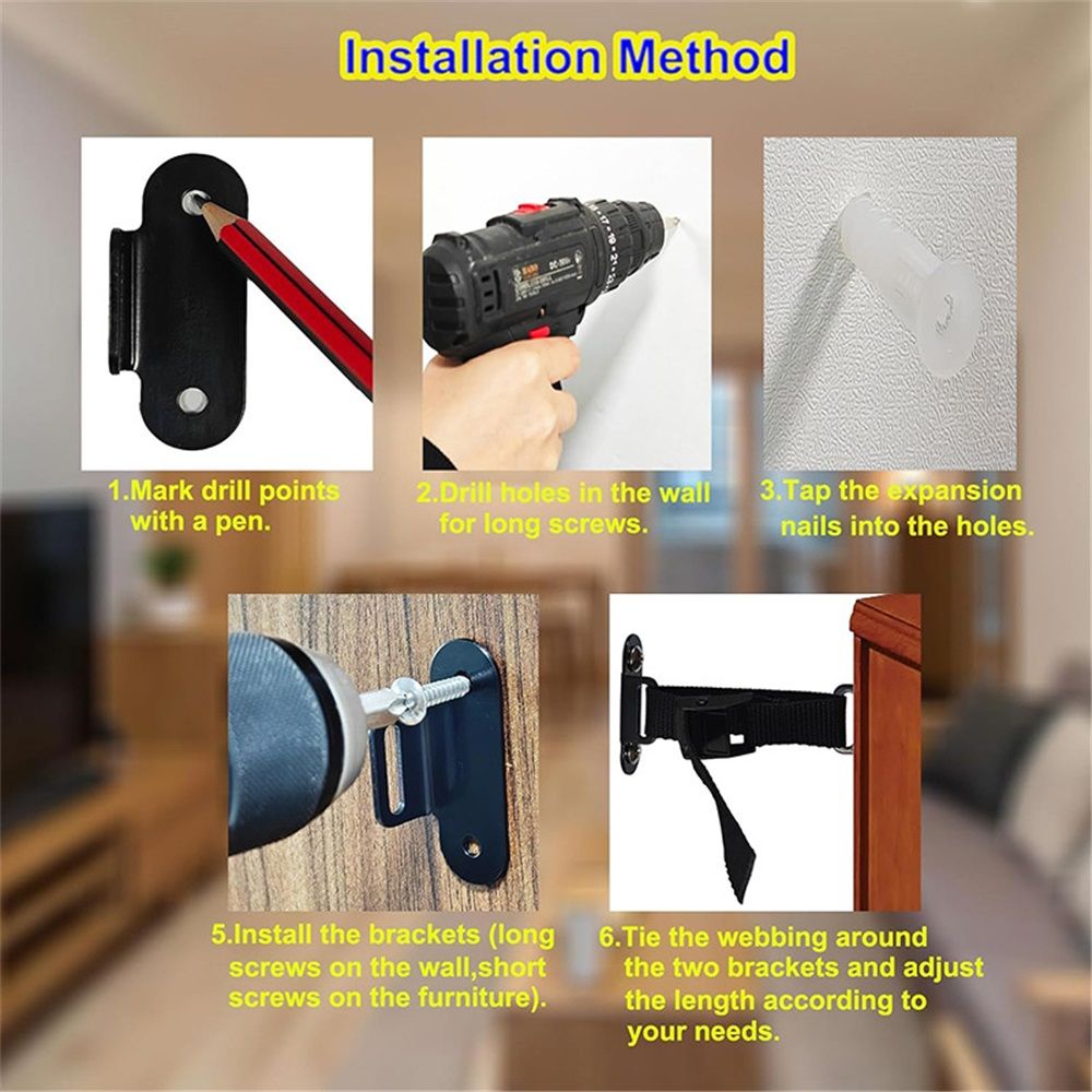 Anti Tip Furniture Anchors (2 Sets),Heavy Duty Furniture Wall Anchor,Adjustable Earthquake Straps,Furniture Anchors for Baby Proofing,Black - Image 4