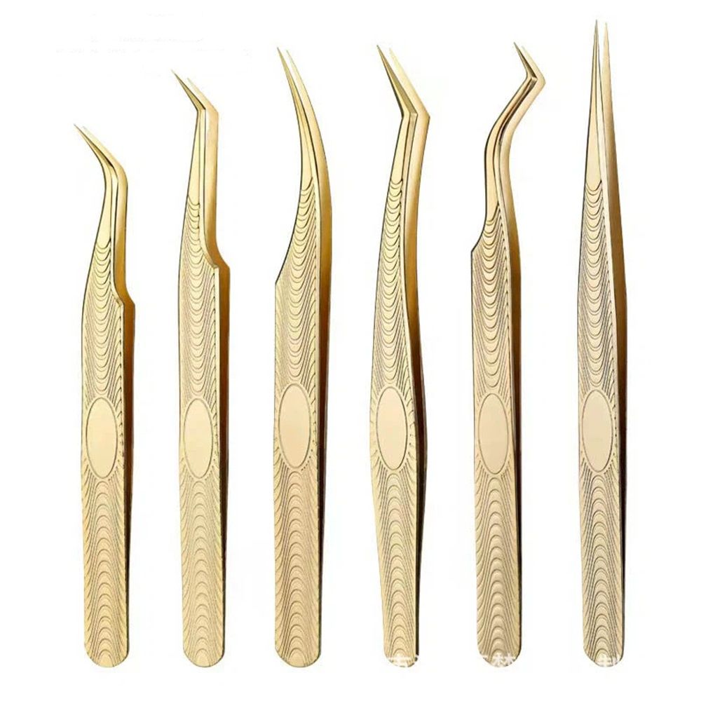 6 pack Lash Tweezers for Eyelash Extension, Professional Lash Extension Tweezer Set, High Precision Eyelash Tweezers for Volume Eyelash Extensions (Gold, 6 PCS Set) - Image 1