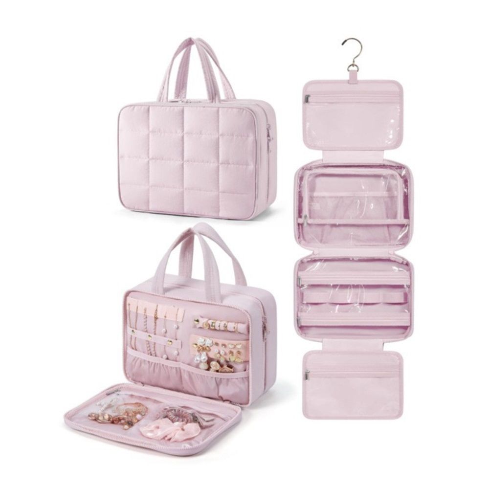 Travel Toiletry Bag with Jewelry Organizer, Hanging Travel Bag for Toiletries, Puffy Makeup Cosmetic Bag Organizer, Carry-on Travel Accessories Essentials, pink（27.9*18.8*12CM） - Image 2