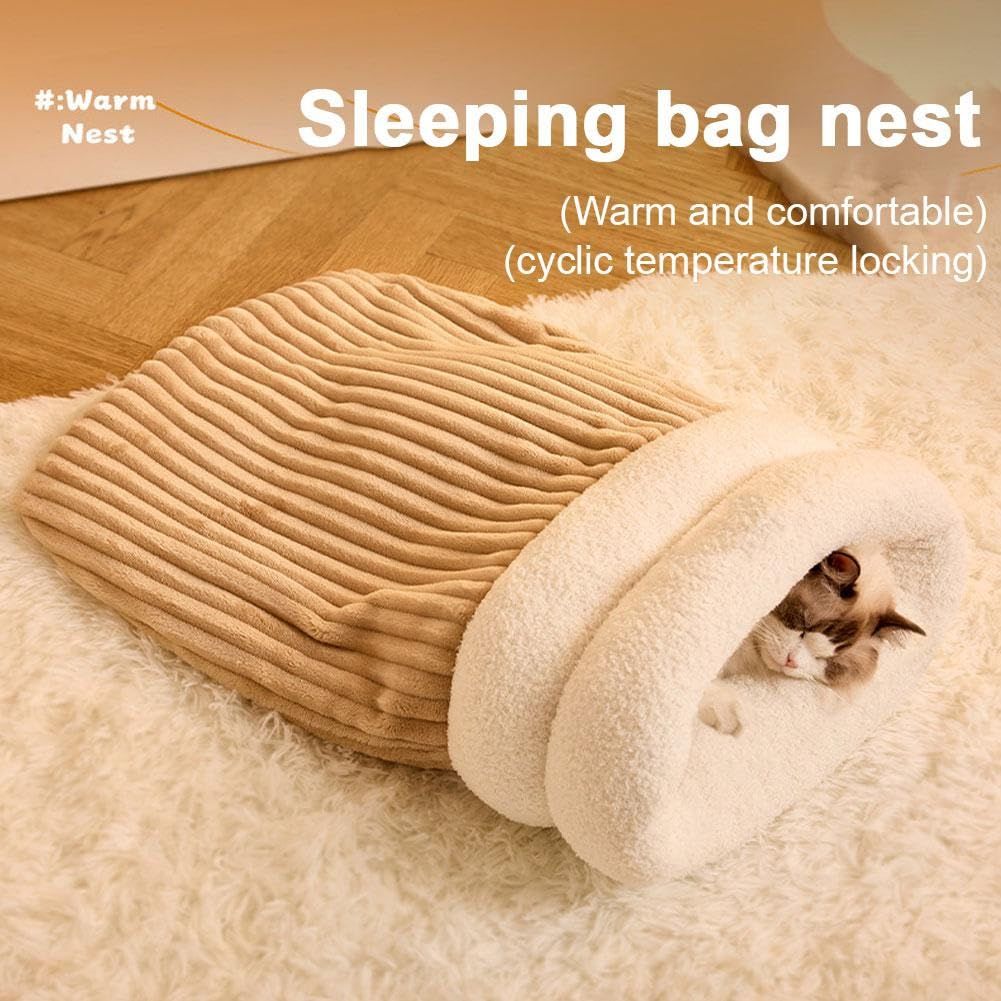 Cat Sleeping Bag for Indoor Cats，Soft Plush Cat Sack， Self Warming Cats Cave Bed, Pet Snuggle Sack for Kitten Puppy(Brown, M) - Image 2