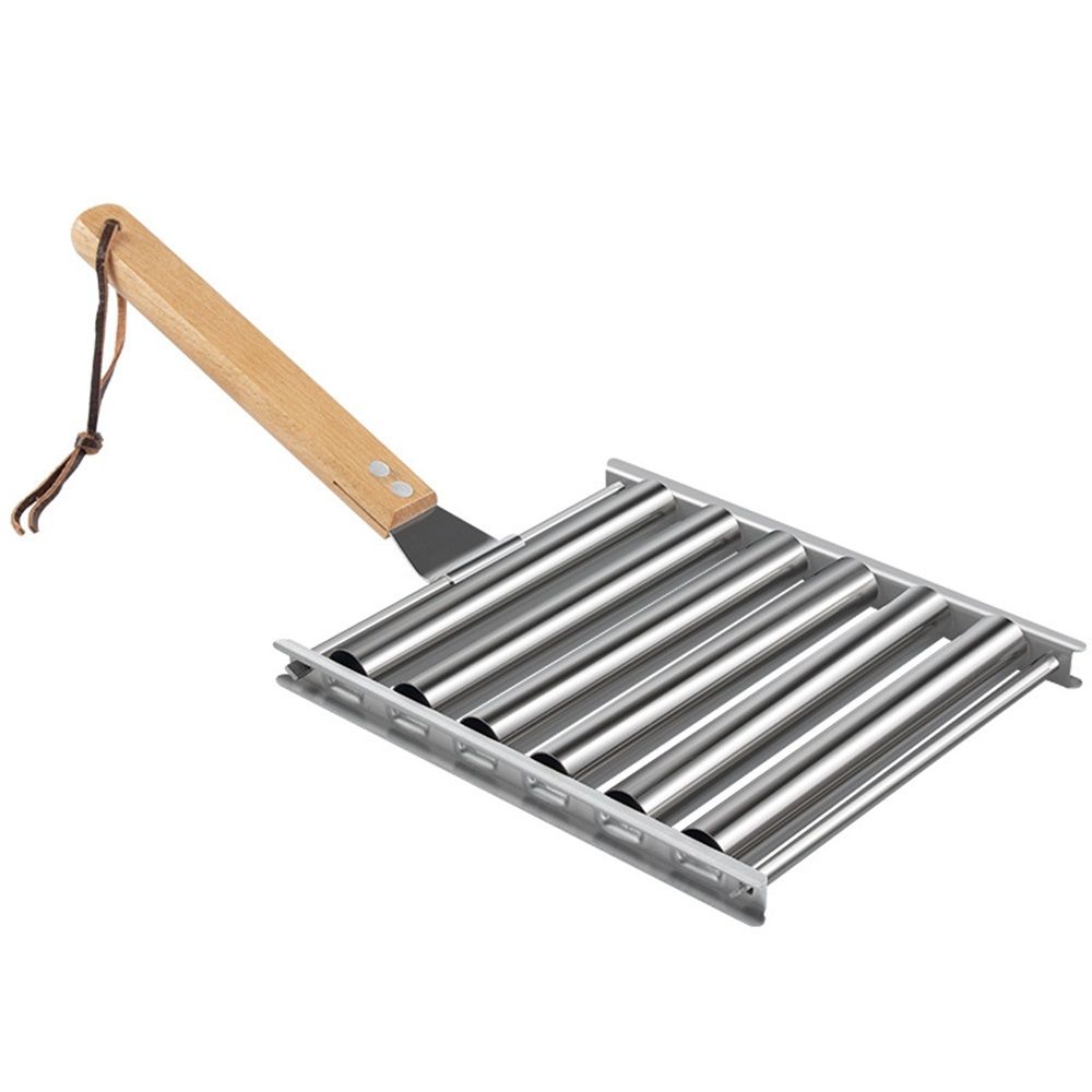 Hot Dog Roller, Sausage Roller for Grill, Stainless Steel BBQ Hot Dog Griller with Extra Long Wood Handle, Evenly Cooked Hotdogs, 6 Rollers for 5 Hot Dogs（16.5*14*3.5cm） - Image 1