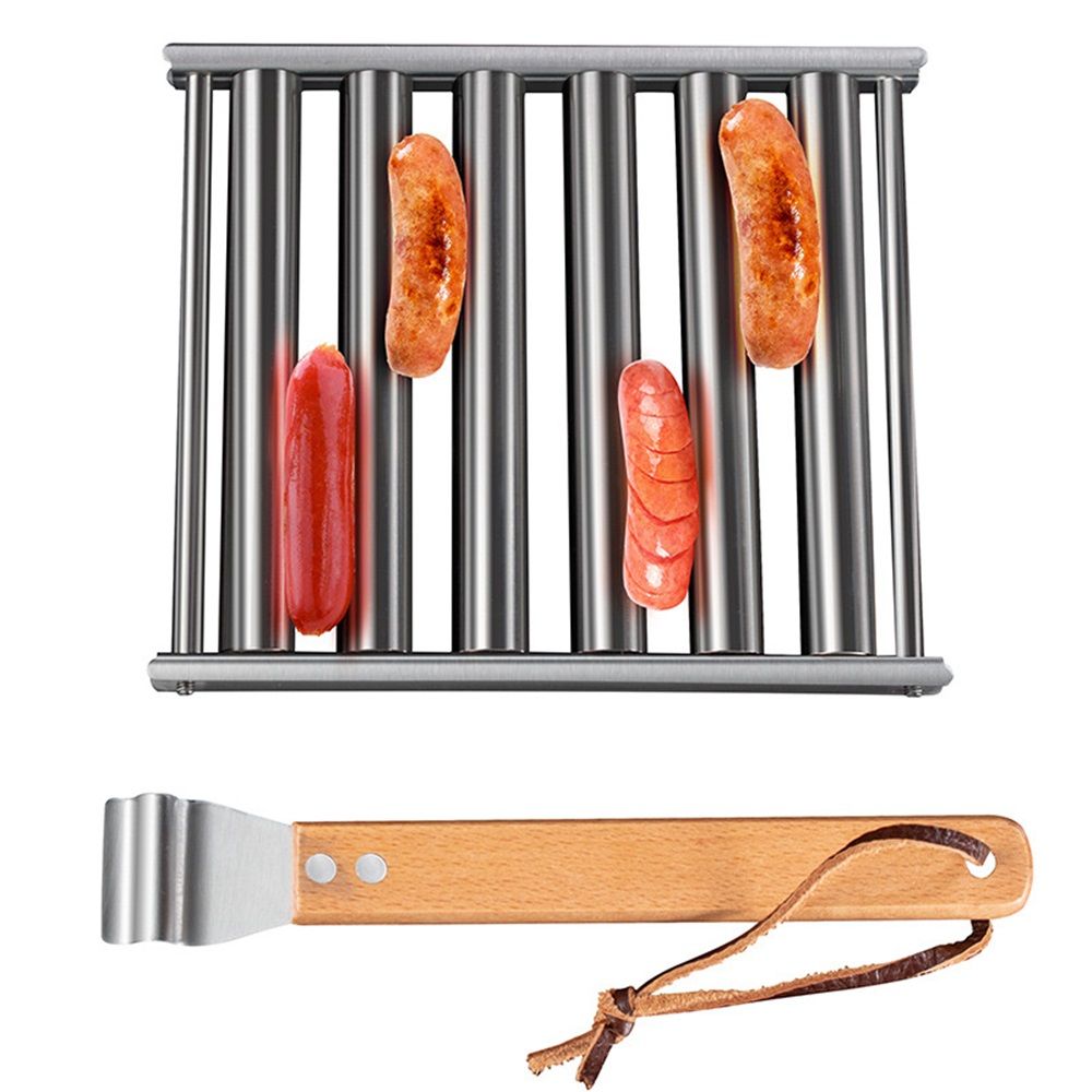 Hot Dog Roller, Sausage Roller for Grill, Stainless Steel BBQ Hot Dog Griller with Extra Long Wood Handle, Evenly Cooked Hotdogs, 6 Rollers for 5 Hot Dogs（16.5*14*3.5cm） - Image 2