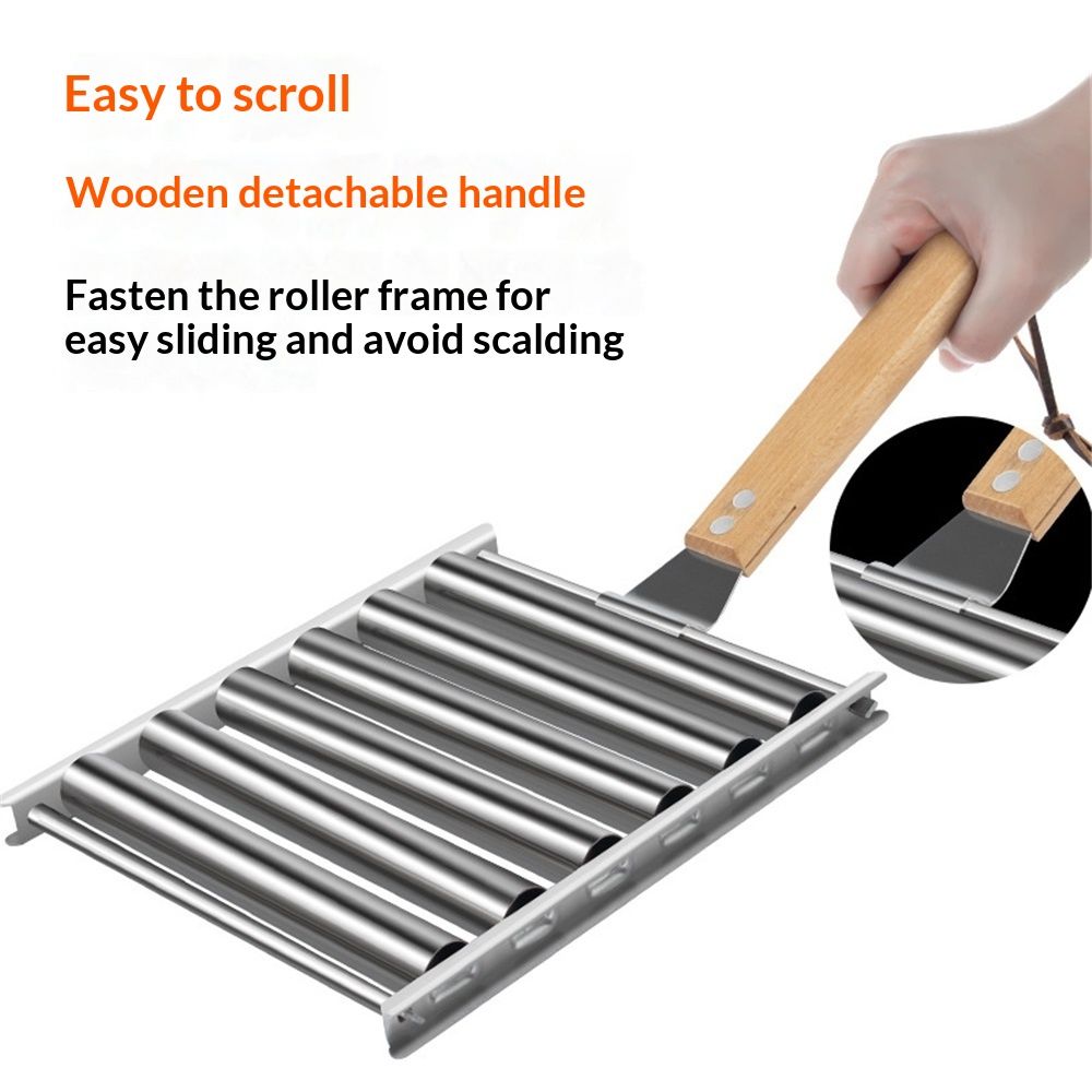 Hot Dog Roller, Sausage Roller for Grill, Stainless Steel BBQ Hot Dog Griller with Extra Long Wood Handle, Evenly Cooked Hotdogs, 6 Rollers for 5 Hot Dogs（16.5*14*3.5cm） - Image 3