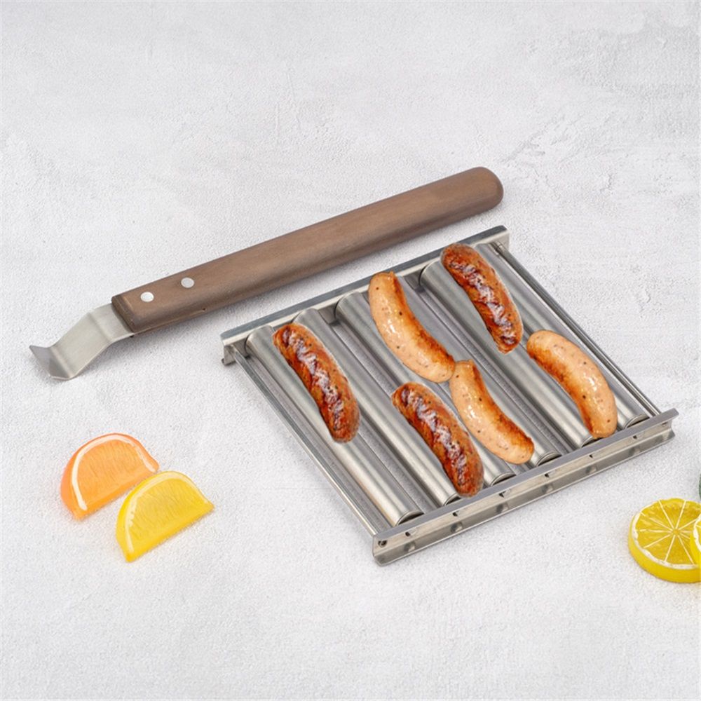 Hot Dog Roller, Sausage Roller for Grill, Stainless Steel BBQ Hot Dog Griller with Extra Long Wood Handle, Evenly Cooked Hotdogs, 6 Rollers for 5 Hot Dogs（16.5*14*3.5cm） - Image 4
