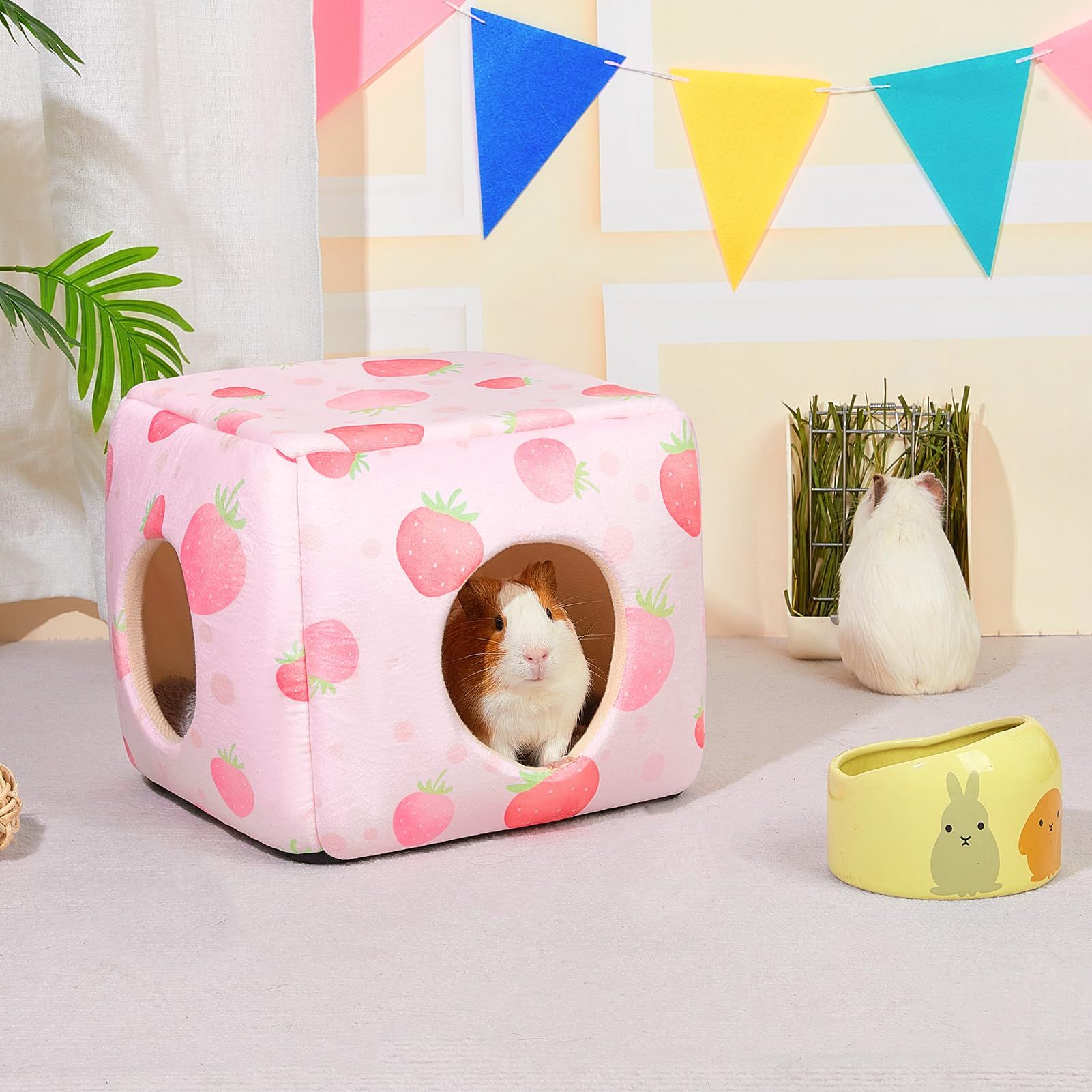 Guinea Pig Hideout, Washable Guinea Pigs House Cozy Guinea Pigs Bed for Small Pet Bunny/Rabbit/Hamster/Chinchilla Guinea Pig Accessories Strawberry（ Pink Heart） - Image 2