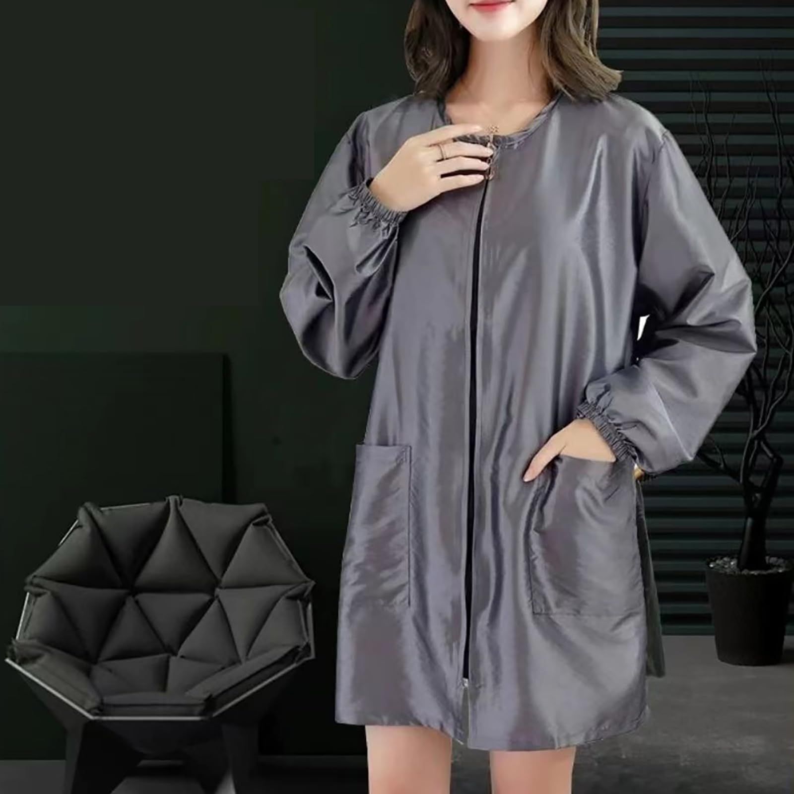 Pet Grooming Workwear with Full Zipper, Lightweight Splash Proof Short & Long Sleeves Hair Grooming Smock Jacket（silver M） - Image 3