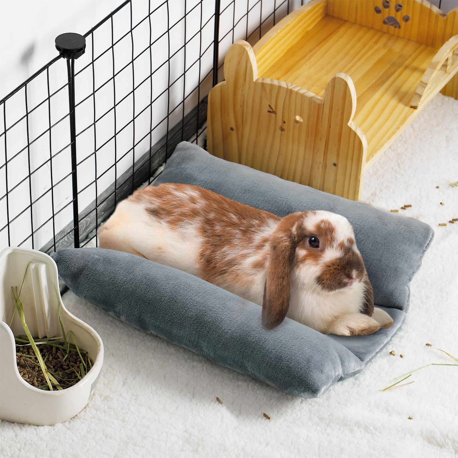 Bunny Bed for Rabbit Cage - Thickened Soft Prevent Sore Hocks Plush Mat with Cotton Lounger Pillows, Small Animal Flop Mat for Hutch Sleeping Indoor, Gray - Image 2