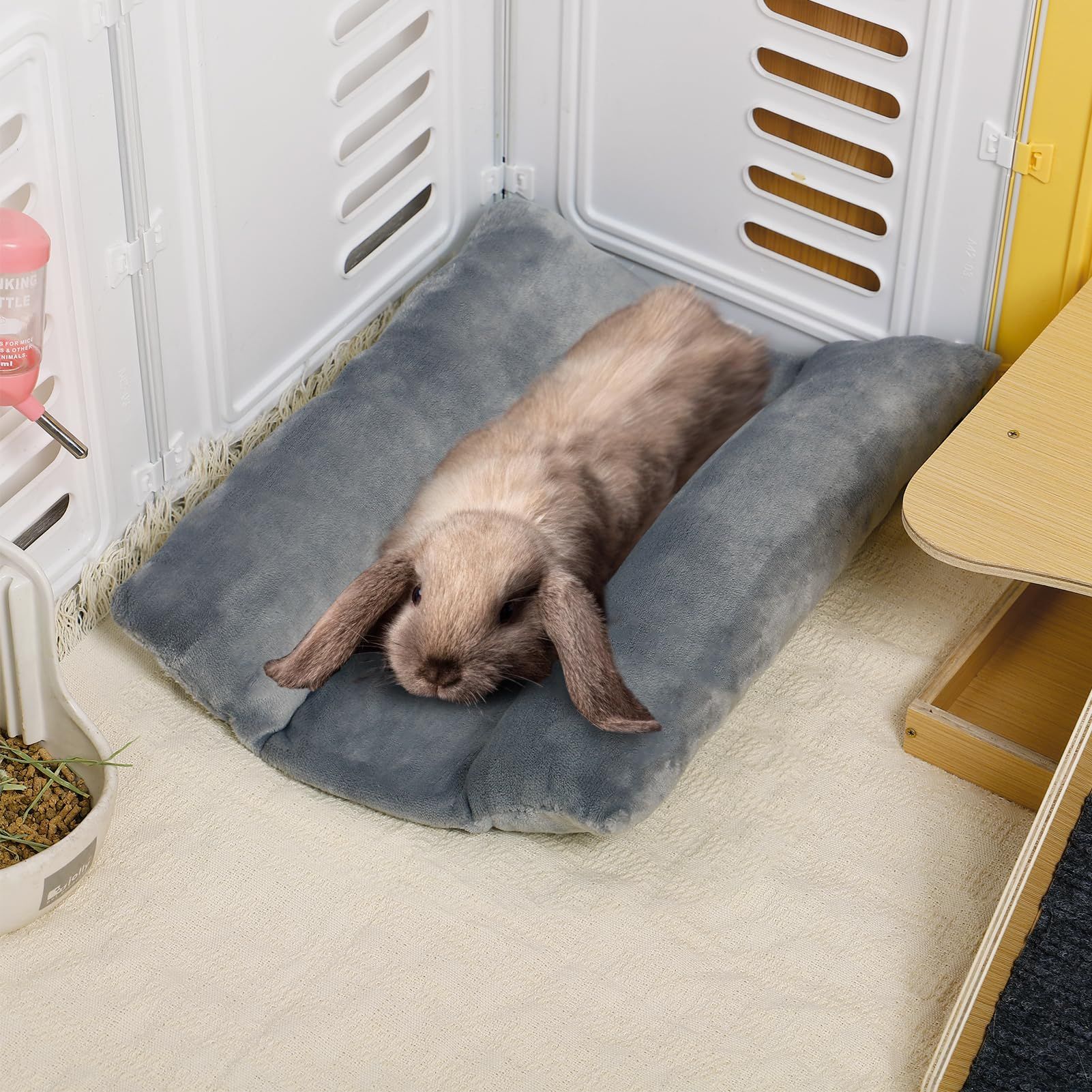 Bunny Bed for Rabbit Cage - Thickened Soft Prevent Sore Hocks Plush Mat with Cotton Lounger Pillows, Small Animal Flop Mat for Hutch Sleeping Indoor, Gray - Image 3