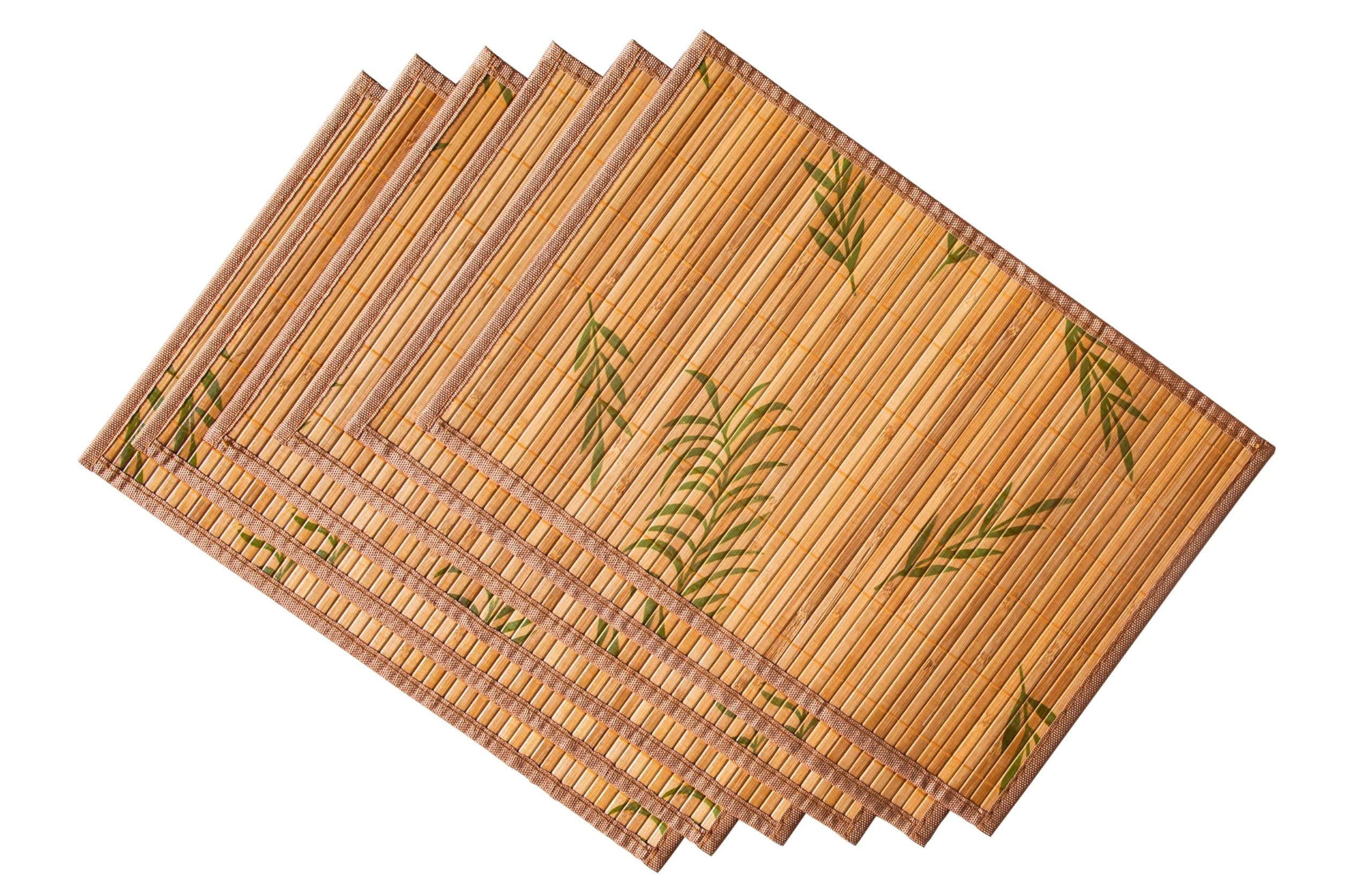 Placemats Set of 6, Bamboo Table Mats Set with Leaf Pattern, 17.7'' × 11.8'' Woven Placemat, Washable Heat-Resistant Place Mats for Kitchen, Brown Leaf - Image 1