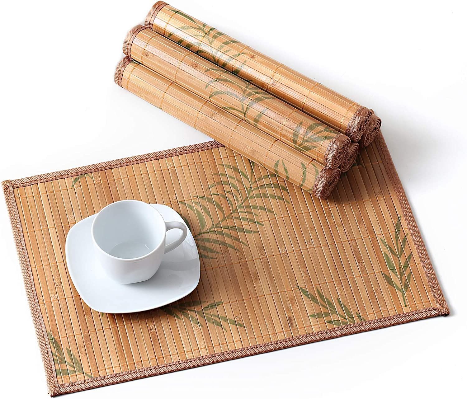 Placemats Set of 6, Bamboo Table Mats Set with Leaf Pattern, 17.7'' × 11.8'' Woven Placemat, Washable Heat-Resistant Place Mats for Kitchen, Brown Leaf - Image 2