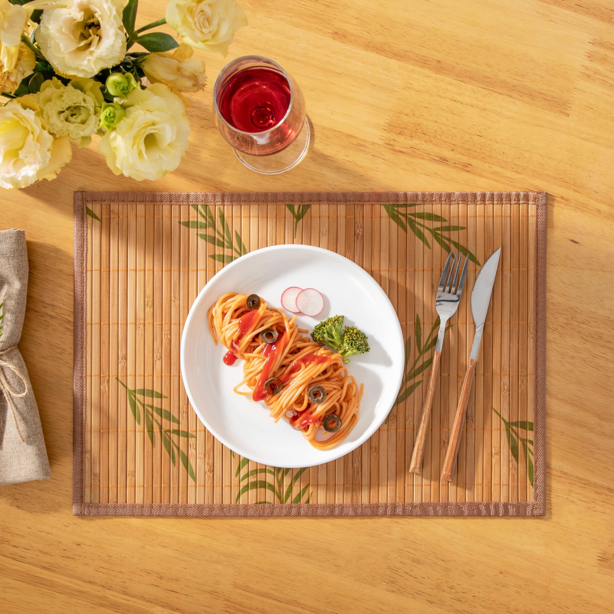 Placemats Set of 6, Bamboo Table Mats Set with Leaf Pattern, 17.7'' × 11.8'' Woven Placemat, Washable Heat-Resistant Place Mats for Kitchen, Brown Leaf - Image 3