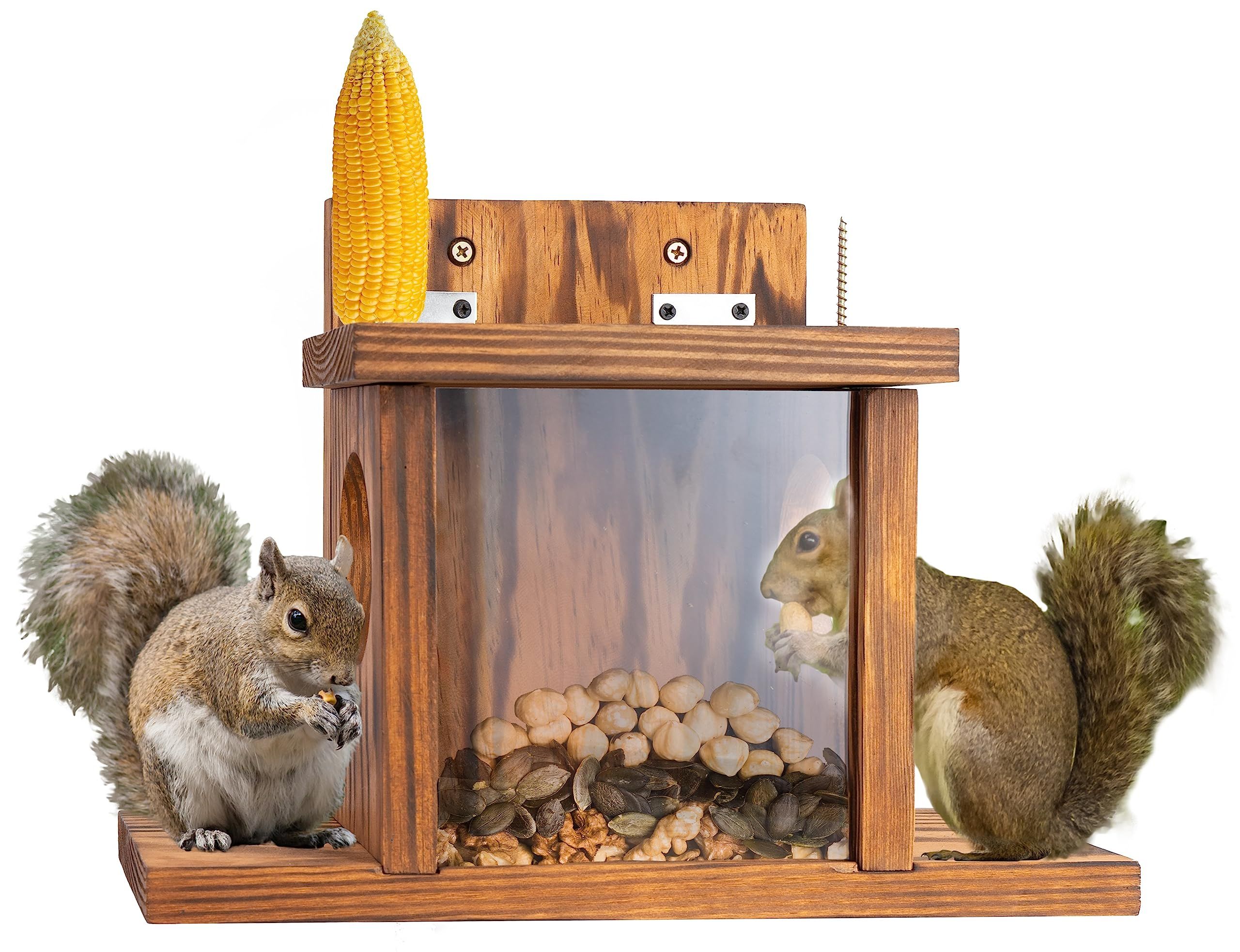 Wood Squirrel Feeder, Squirrel Feeders for Outside Winter, Wooden Chipmunk Feeder for Corn, Peanuts, Durable Box Easy to Fill with Removable Front Panel - Image 2