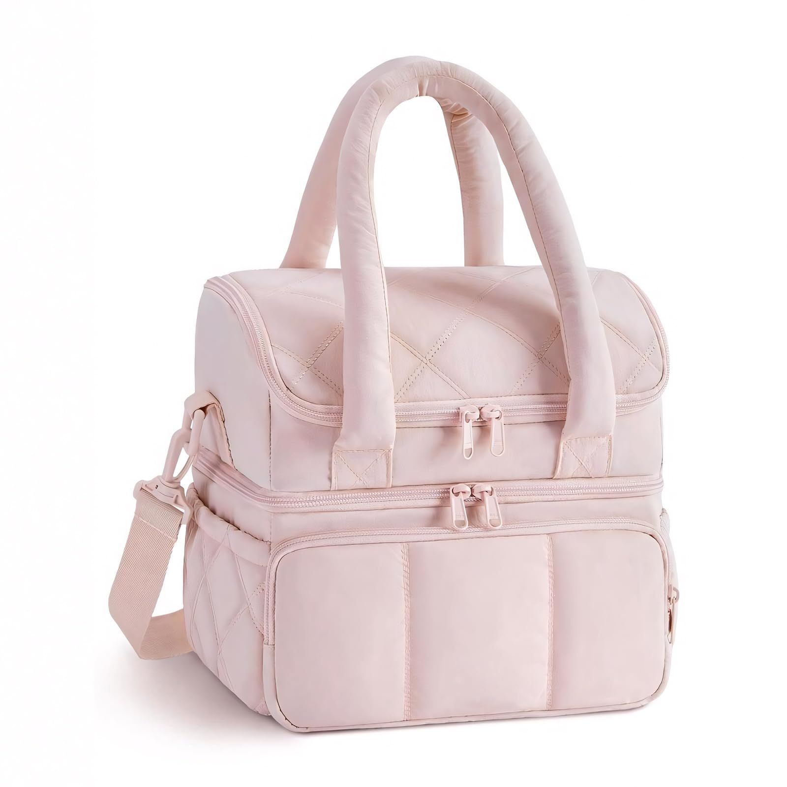 Insulated Lunch Bag Lunch Box for Women,Double Deck Leakproof Cooler Tote with Adjustable Shoulder Strap,Quilted Puffer Design & Durable pink - Image 1