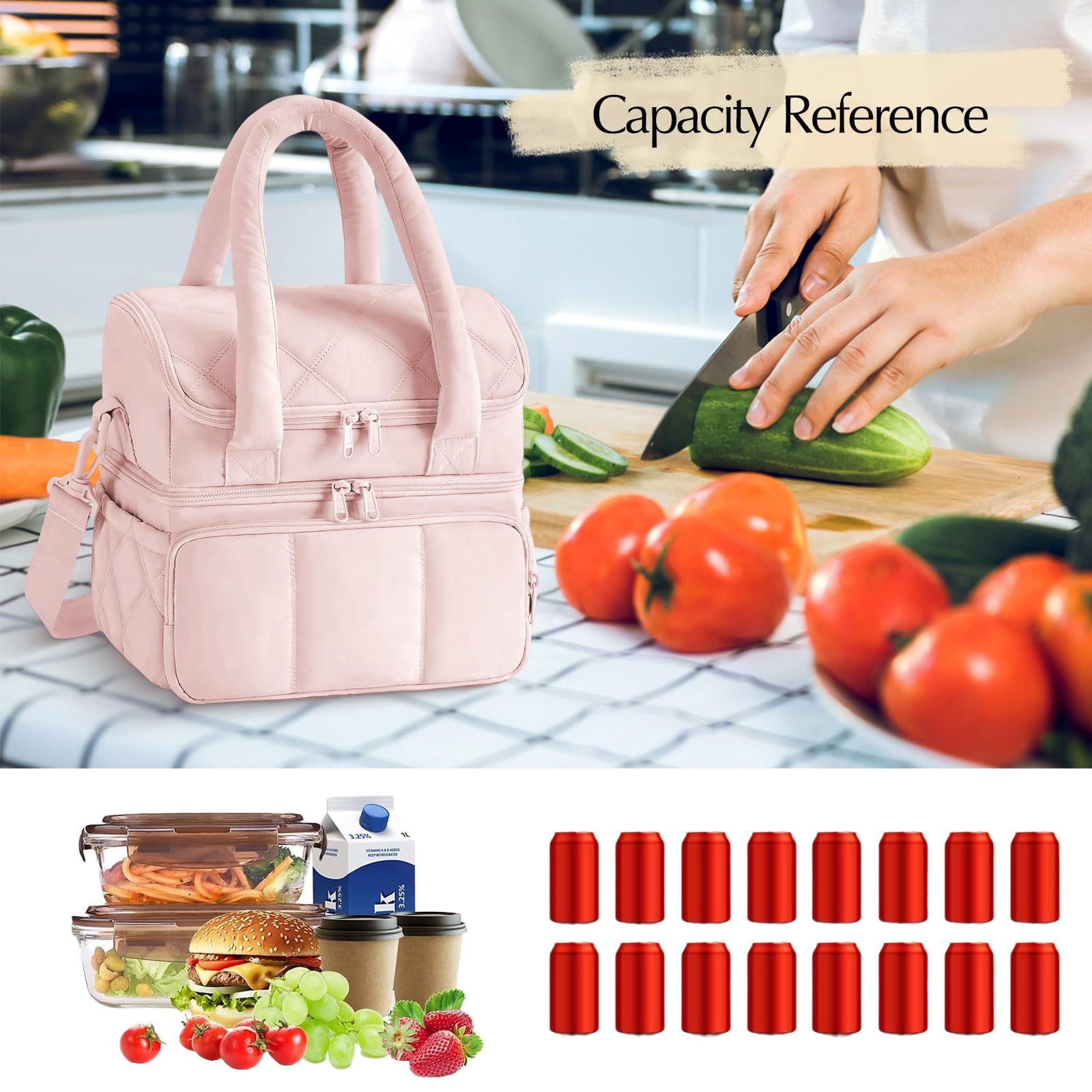 Insulated Lunch Bag Lunch Box for Women,Double Deck Leakproof Cooler Tote with Adjustable Shoulder Strap,Quilted Puffer Design & Durable pink - Image 2