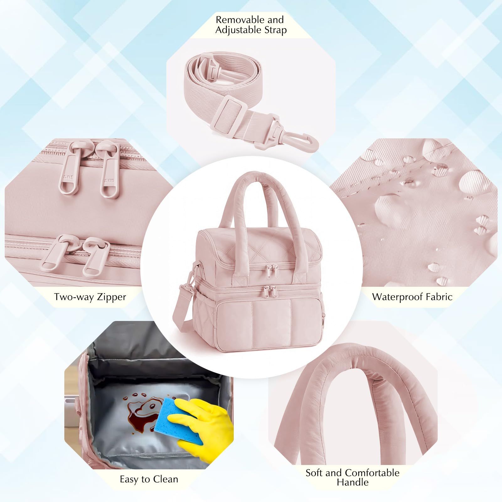 Insulated Lunch Bag Lunch Box for Women,Double Deck Leakproof Cooler Tote with Adjustable Shoulder Strap,Quilted Puffer Design & Durable pink - Image 3