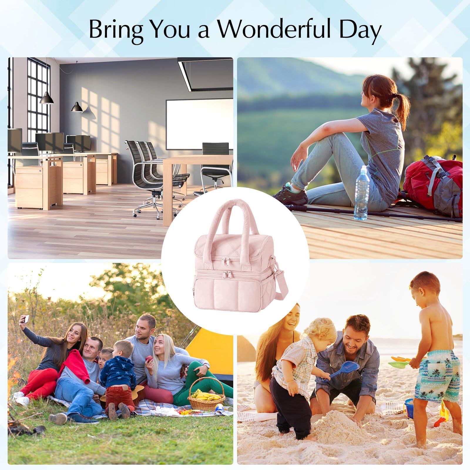 Insulated Lunch Bag Lunch Box for Women,Double Deck Leakproof Cooler Tote with Adjustable Shoulder Strap,Quilted Puffer Design & Durable pink - Image 4