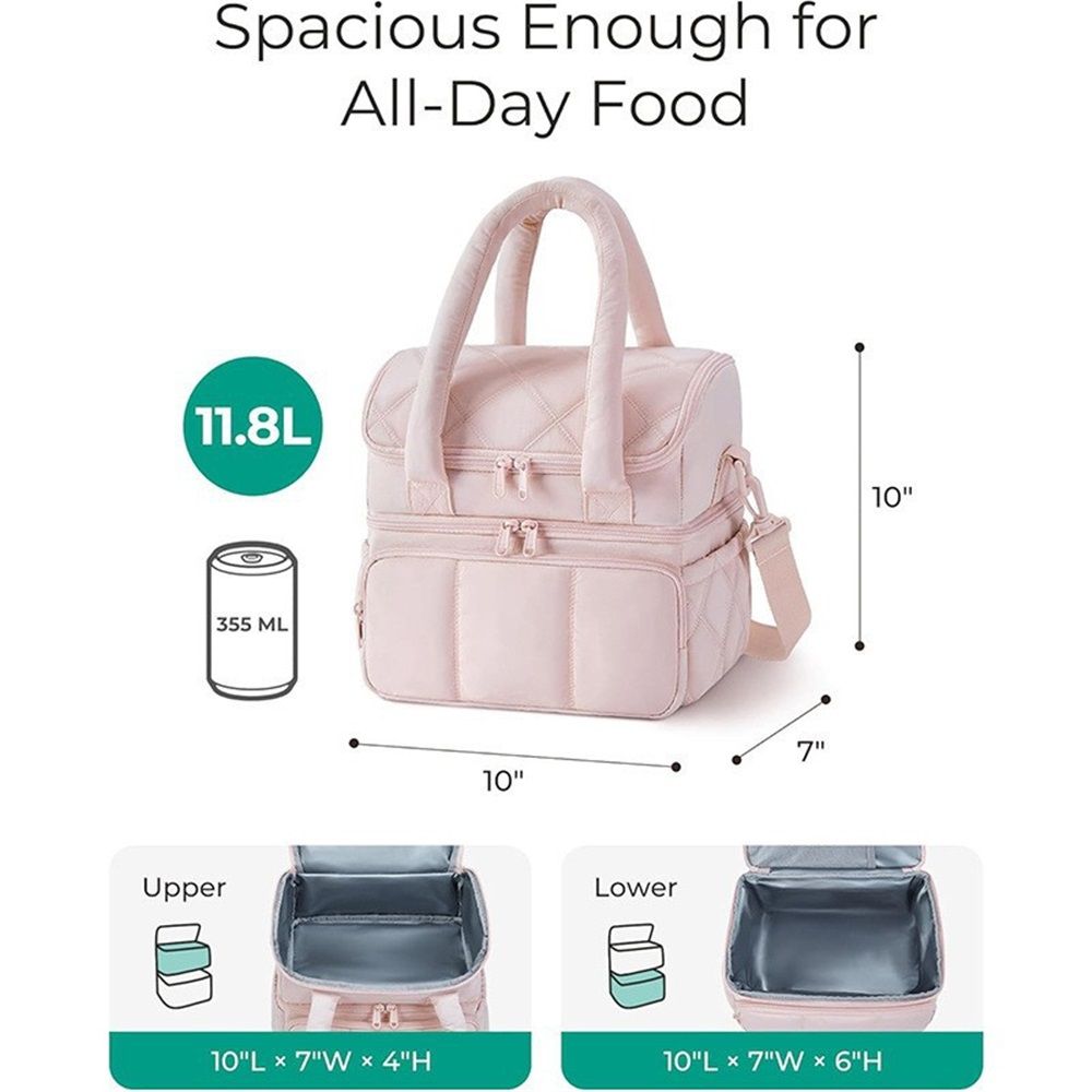Insulated Lunch Bag Lunch Box for Women,Double Deck Leakproof Cooler Tote with Adjustable Shoulder Strap,Quilted Puffer Design & Durable pink - Image 5
