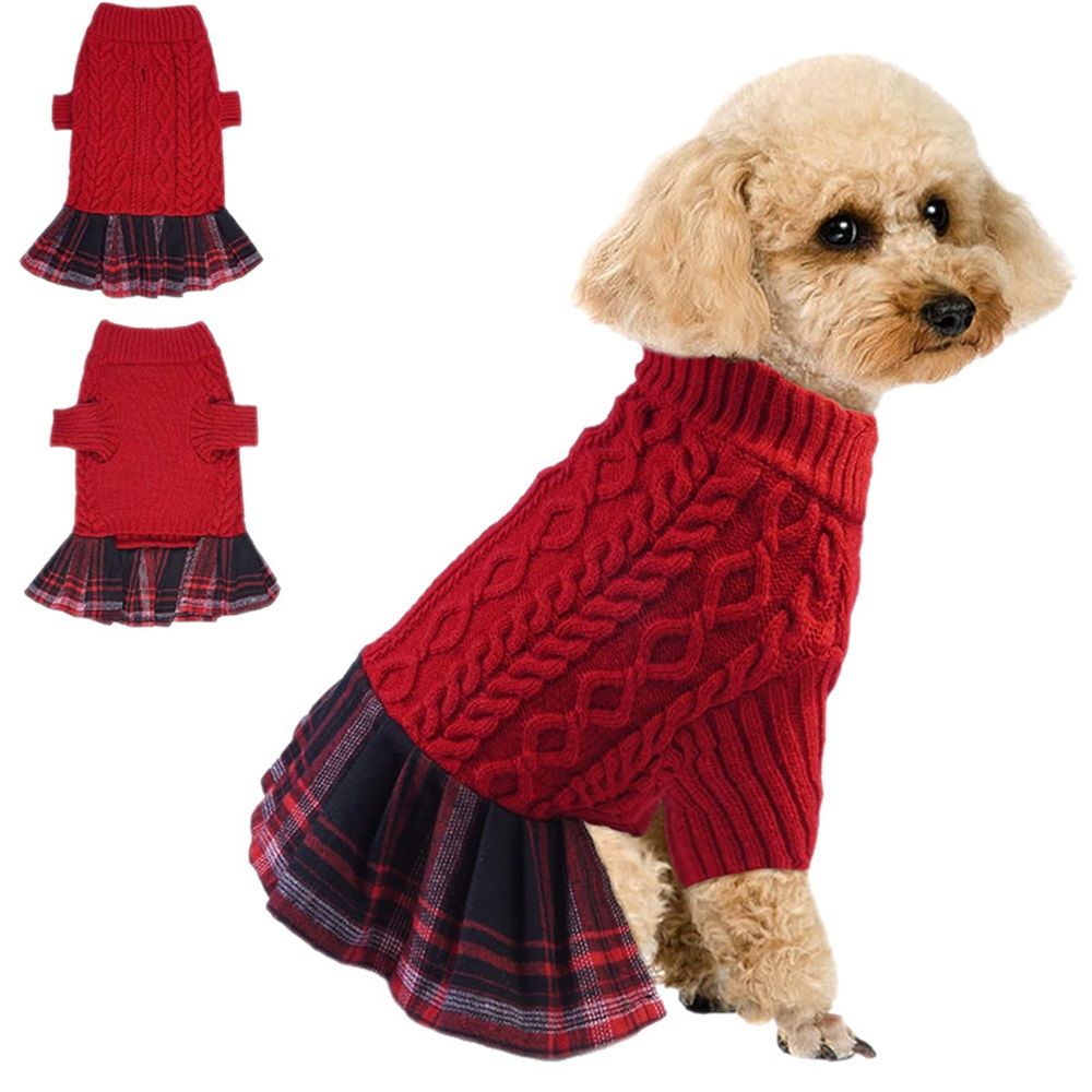 Dog Sweater Stretchy Cat Sweaters Warm Pullover Pet Coats Thick Dogs Clothes with Bowtie Soft Turtleneck Pet Sweater Dress Comfy Knitwear Dog Sweaters for Small Dogs Girl, Red, Medium - Image 1