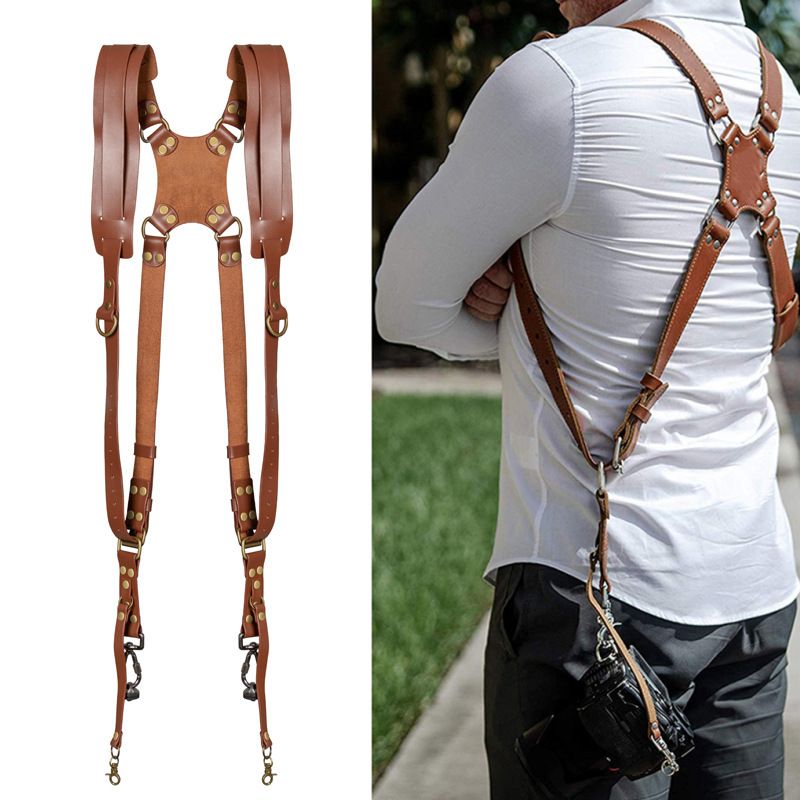 Camera Strap,Camera Straps for Photographers,Leather Dual Camera Strap for Two Cameras (Brown) Dual Camera Harness Strap with Padded for Two Cameras - Image 2