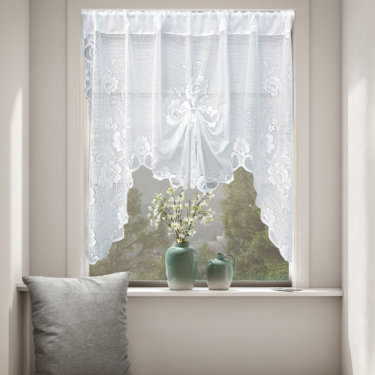 1 Panel White Floral Embroidery Sheer Lace Curtain Valance Princess Style Embroidered Waterfall Swag Curtain Valance Tier for Kitchen Bathroom Half Window Decoration, Rod Pocket Top - Image 1