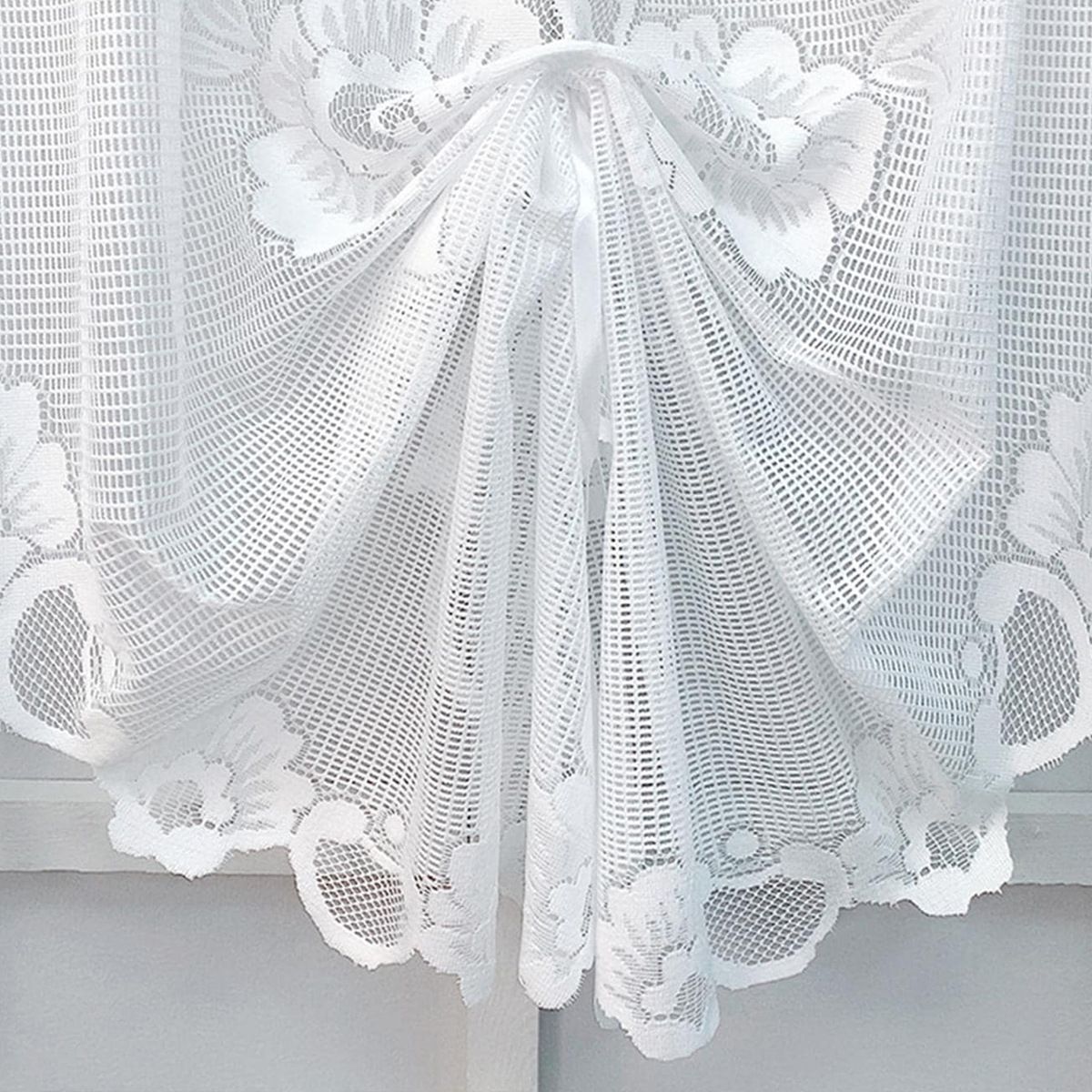 1 Panel White Floral Embroidery Sheer Lace Curtain Valance Princess Style Embroidered Waterfall Swag Curtain Valance Tier for Kitchen Bathroom Half Window Decoration, Rod Pocket Top - Image 2