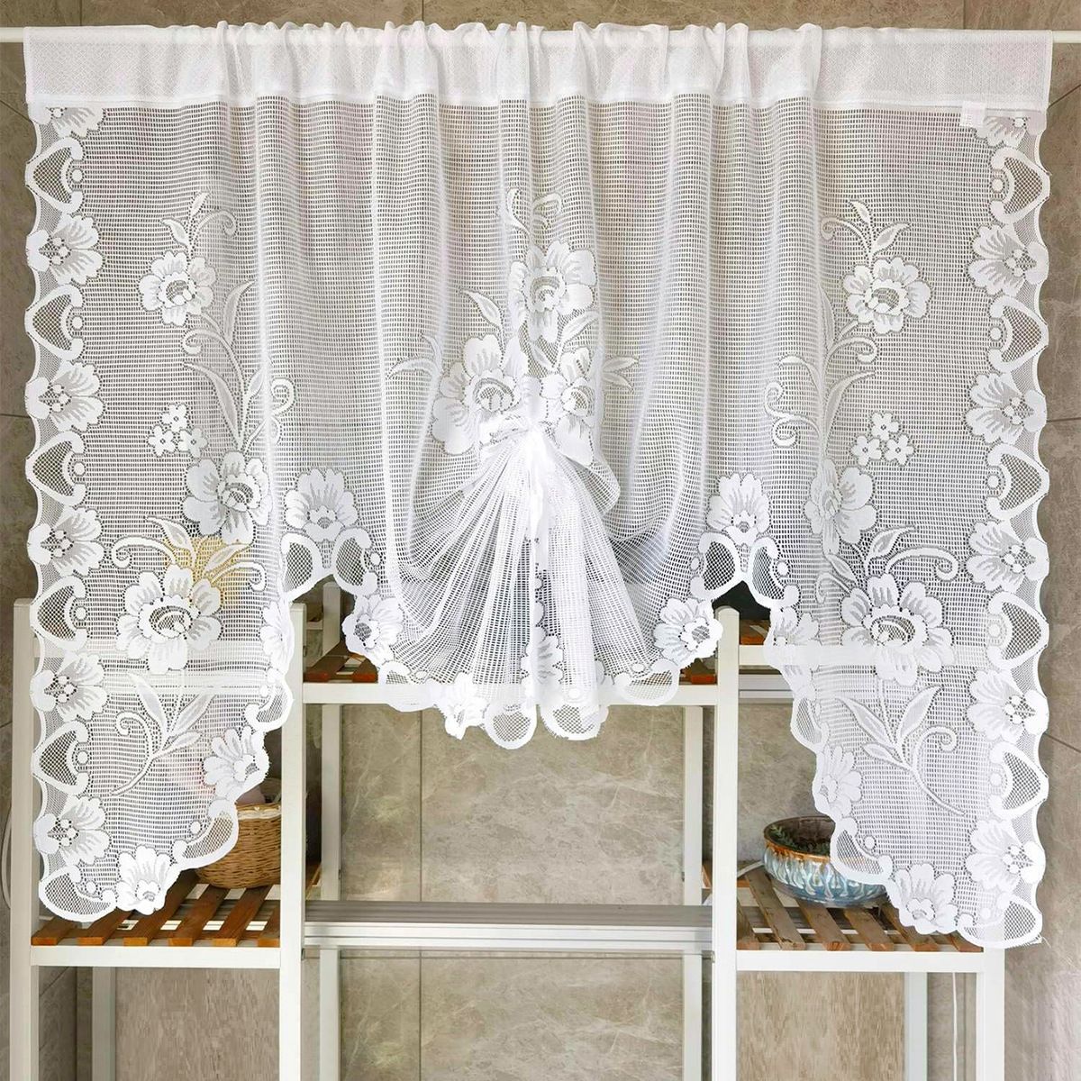 1 Panel White Floral Embroidery Sheer Lace Curtain Valance Princess Style Embroidered Waterfall Swag Curtain Valance Tier for Kitchen Bathroom Half Window Decoration, Rod Pocket Top - Image 3