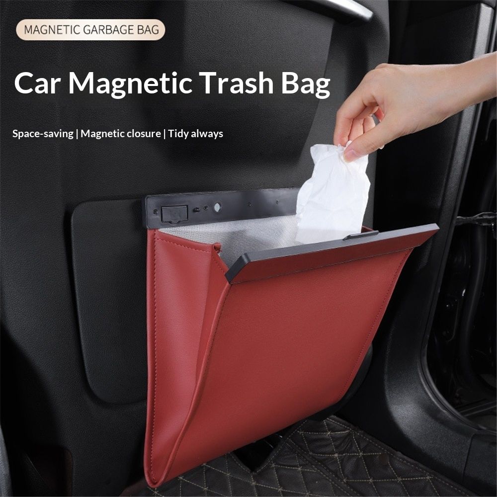 LED Car Trash Can Waterproof Garbage Bag Passenger Side Artificial Leather Storage Pocket Leak Proof Reusable Traveling Portable Offices Toilet Garbage Cans Back Seat Hanging (Red-1pack) - Image 2
