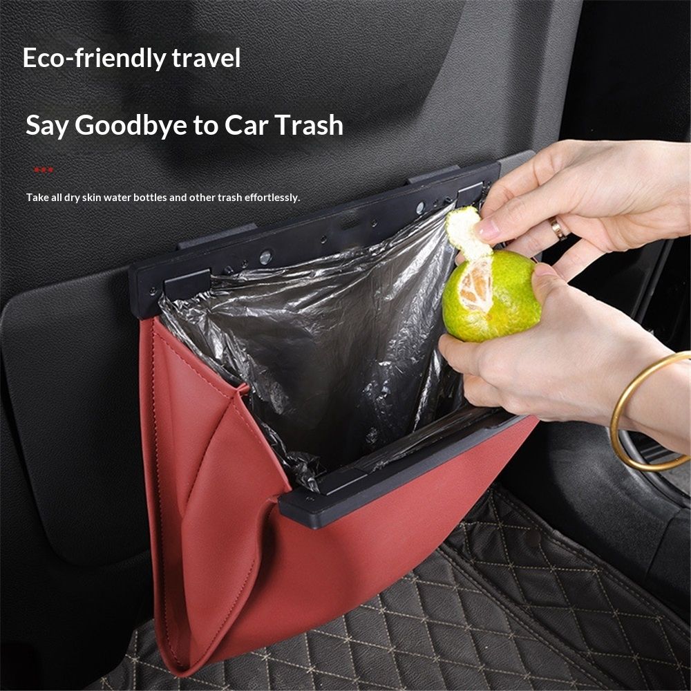 LED Car Trash Can Waterproof Garbage Bag Passenger Side Artificial Leather Storage Pocket Leak Proof Reusable Traveling Portable Offices Toilet Garbage Cans Back Seat Hanging (Red-1pack) - Image 3
