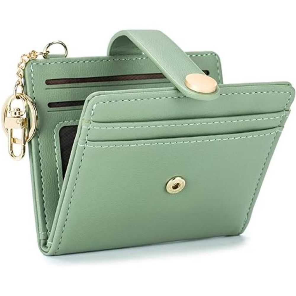 Slim Wallet for Women,Blocking Bifold Credit Card Holder with Zipper Coin Pocket,ID Window,Keychain（Green） - Image 1